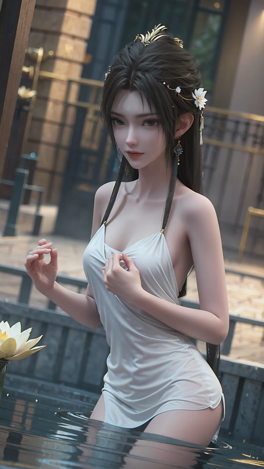 A girl bathing in water,Showering above the shoulders while bathing in water,Wearing a tulle silk dress,Hold your hands to your chest,Cover your chest with your hands,Golden glowing lotus on the water