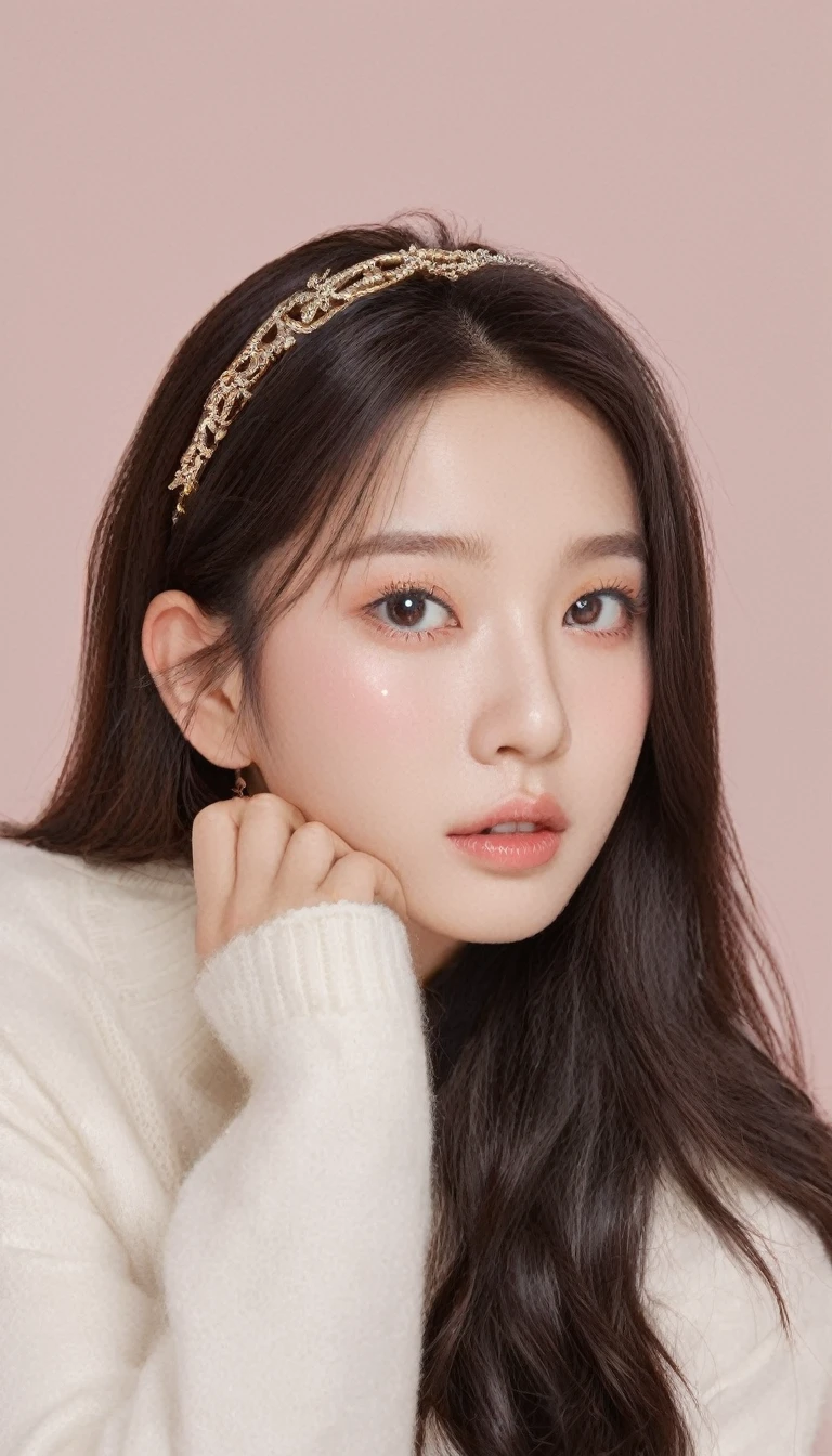 front photo, elegant woman, (Photorealsitic)、(intricate detailes:1.2)、(​masterpiece、:1.3)、beauty face, (top-quality:1.4)、(超A high resolution:1.2)、超A high resolution、(A detailed eye)、(detailed facial features), ((Realistic lighting、top-quality、8K、natural light, ​masterpiece:1.3))、bright photo, Clear focus:1.2、1girl in、flawless beauty:1.4、Superfine Face、wear kitty band and sweater, gorgeous young korean woman, beautiful young korean woman, beautiful south korean woman, korean girl, ulzzang, lovely delicate face, young adorable korean face, popular korean makeup, beautiful asian girl, girl cute-fine-face, korean woman, sakimichan, popular south korean makeup, big Narrow-eyed、double eyelid、photos realistic, perfect eyes, perfect skin, detailed skin, detailed face, looking viewer, front view, potrait, raw photo, simple soft pink background, (intricate detailed skin textured:1.4) front view, looking viewer, clear face,  1 girl、porate、Bright and very beautiful face、beautiful girl, A stunning close-up portrait showcasing the beauty of a Korean model. The composition features soft, natural lighting , bright eyes, and striking cheekbones. Her glossy,  The background is simply white background,  wear black sweetshirt, neat hair, long hair, instagram model, profil picture, bright and natural