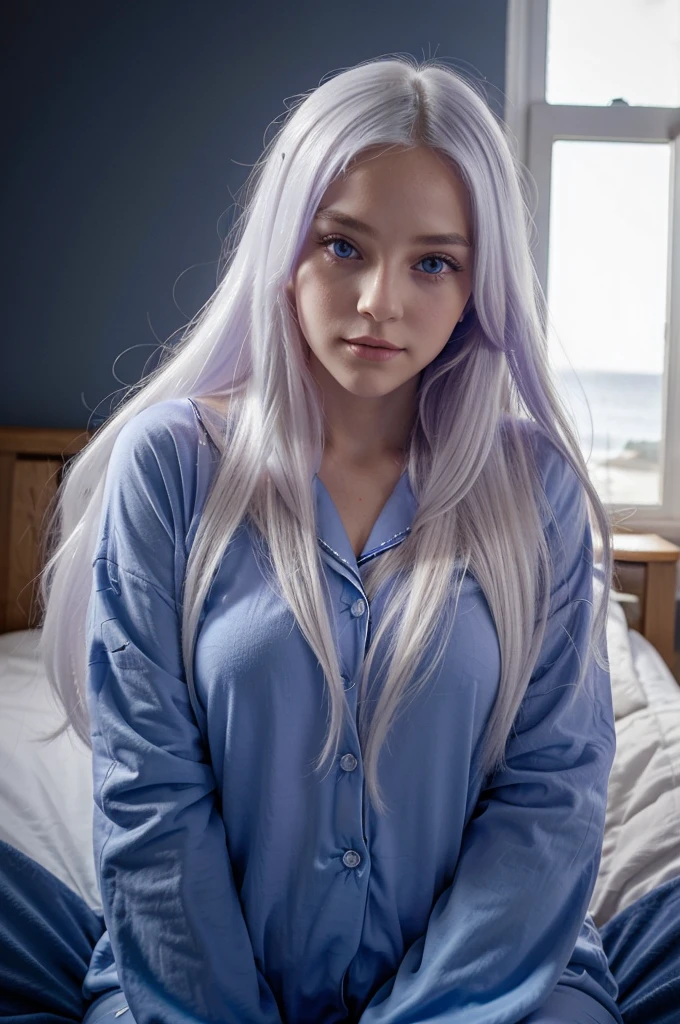 Beautiful girl with long white hair, purple eyes. In cute deep sea blue pajamas.