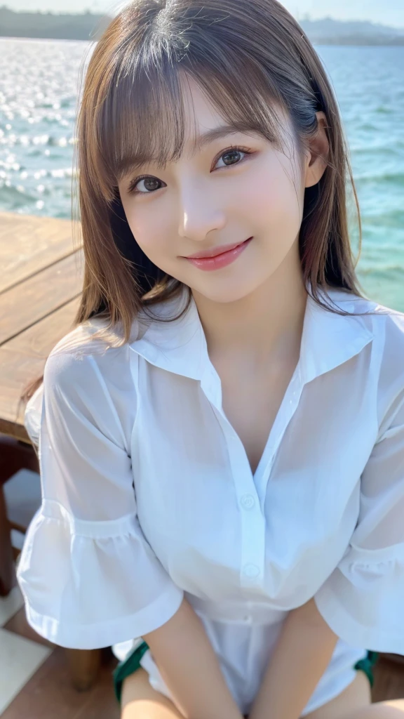 table top、(highest quality、4K、、High resolution、master piece: 1.2)、Super detailed、(real、photorealistic、photorealistic: 1.37)、whiteTshirt、full body shot、Complex and beautiful eyes、woman、Feminine hairstyle、Natural color lip、bold and sexy pose、smile、Ocean、 year old girl、Cute and sexy shot looking at the camera。