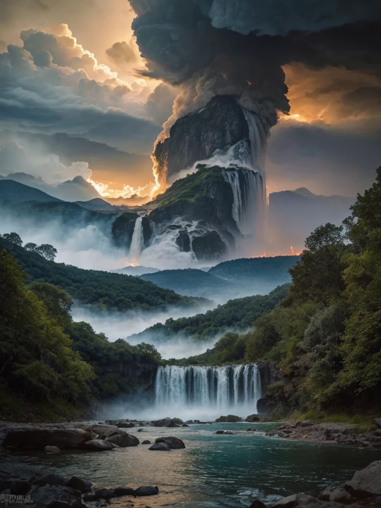 people swimming in a river near a waterfall in the woods, lakes and waterfalls, waterfalls and lakes, an endless waterfall, waterfalls in the background, with waterfalls, 2023, 2 0 2 3, incredibly beautiful, by Kristin Nelson, with trees and waterfalls, f4.5, multiple waterfalls, with waterfalls and river, ( visually stunning, arafed house in a field with a large plume of smoke coming out of it, thunderstorm and fire, photo epic of the year, winner of the year's best photo, houses on fire, amazing volcanic eruption, house on fire, explosive storm, during a storm, apocalyptic event, harrowing apocalyptic atmosphere, fire from sky, building on fire, national geographic photo”