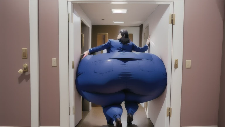 masterpiece, 1girl behind a doorway, from behind, (doorstuck, stuckbehind:1.3), huge hips, round belly, thick thighs, giant butt,colorful clothing, wearing a blue suit and tie and formal pants, upset, desperately trying to wiggle through, she tries to free herself but she won't budge, she is stuck tight view from behind, she is too wide, the doorway is quite narrow too, she kicks her legs furiously, trying to wiggle her hips through the small door