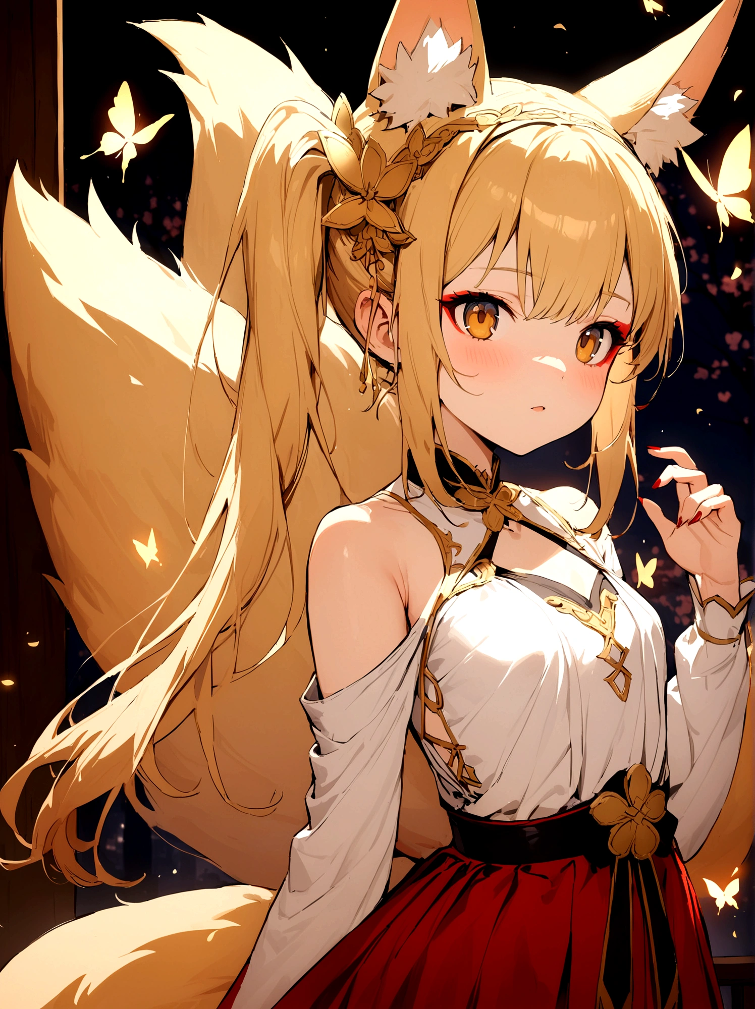 (masterpiece, best quality) junior,detailed, (beautiful,small breasts), blonde,long hair, side ponytail(gold butterfly hairband), elegant, (fox ears),nine tailed fox tail, red eyeshadow, golden eyes, femur，漏出femur, white shirt,free,red skirt,cherry blossom tree background,girl,NIGHT