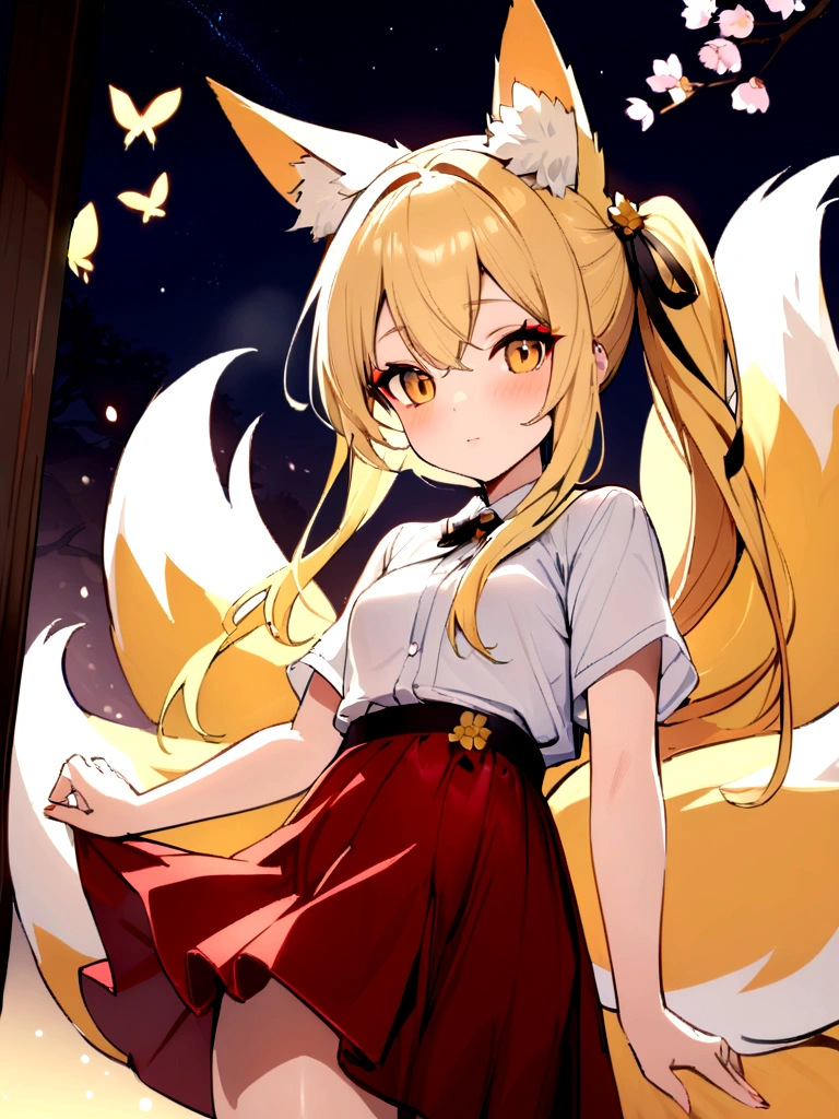 (masterpiece, best quality) junior,detailed, (beautiful,small breasts), blonde,long hair, side ponytail(gold butterfly hairband), elegant, (fox ears),nine tailed fox tail, red eyeshadow, golden eyes, femur，漏出femur, white shirt,free,red skirt,cherry blossom tree background,girl,NIGHT