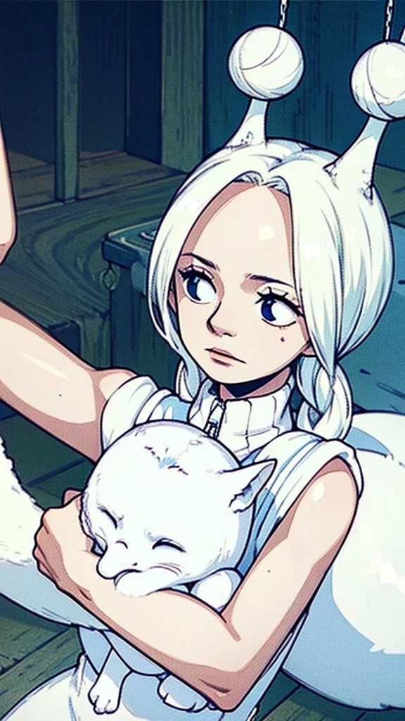 "A ghost girl with pale, Paper white skin, Wild and tousled bright white hair, and fascinating white eyes adorned with spirals, Wearing tattered clothes and clinging to an aged stuffed toy."