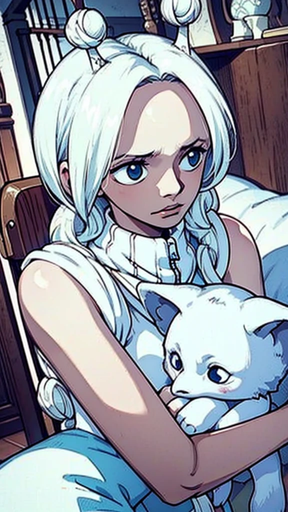 "A ghost girl with pale, Paper white skin, Wild and tousled bright white hair, and fascinating white eyes adorned with spirals, Wearing tattered clothes and clinging to an aged stuffed toy."