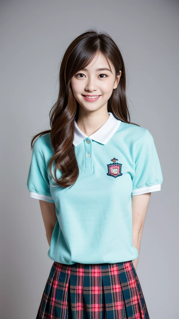 (8K, RAW photo, highest quality, masterpiece:1.3), (realistic, photo-realistic:1.4), (Highly detailed 8K wallpaper), sharp focus, Depth of written boundary,
japanese idol,very cute,(baby face), (extremely detailed 8k wallpaper),photorealistic,detailed skin,raw photo,1 girl,(japanese high school uniform),17 years old japanese idol,blonde hair,((polo shirts)),(drooping eyes),tareme,plaid skirts,smile,arms behind back,slender,large breast,button gap