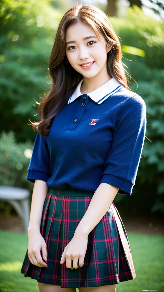  (8K, RAW photo, highest quality, masterpiece:1.3), (realistic, photo-realistic:1.4), (Highly detailed 8K wallpaper), sharp focus, Depth of written boundary,
 japanese idol,very cute,(baby face), (extremely detailed 8k wallpaper),photorealistic,detailed skin,raw photo,1 girl,(japanese high school uniform),17 years old japanese idol,blonde hair,((polo shirts)),(drooping eyes),tareme,plaid skirts,smile,arms behind back,slender,large breast,button gap