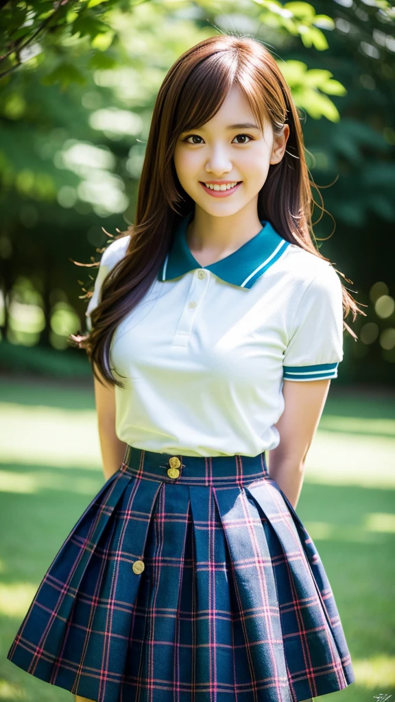 (8K, RAW photo, highest quality, masterpiece:1.3), (realistic, photo-realistic:1.4), (Highly detailed 8K wallpaper), sharp focus, Depth of written boundary,
japanese idol,very cute,(baby face), (extremely detailed 8k wallpaper),photorealistic,detailed skin,raw photo,1 girl,(japanese high school uniform),17 years old japanese idol,blonde hair,((polo shirts)),(drooping eyes),tareme,plaid skirts,smile,arms behind back,slender,large breast,button gap