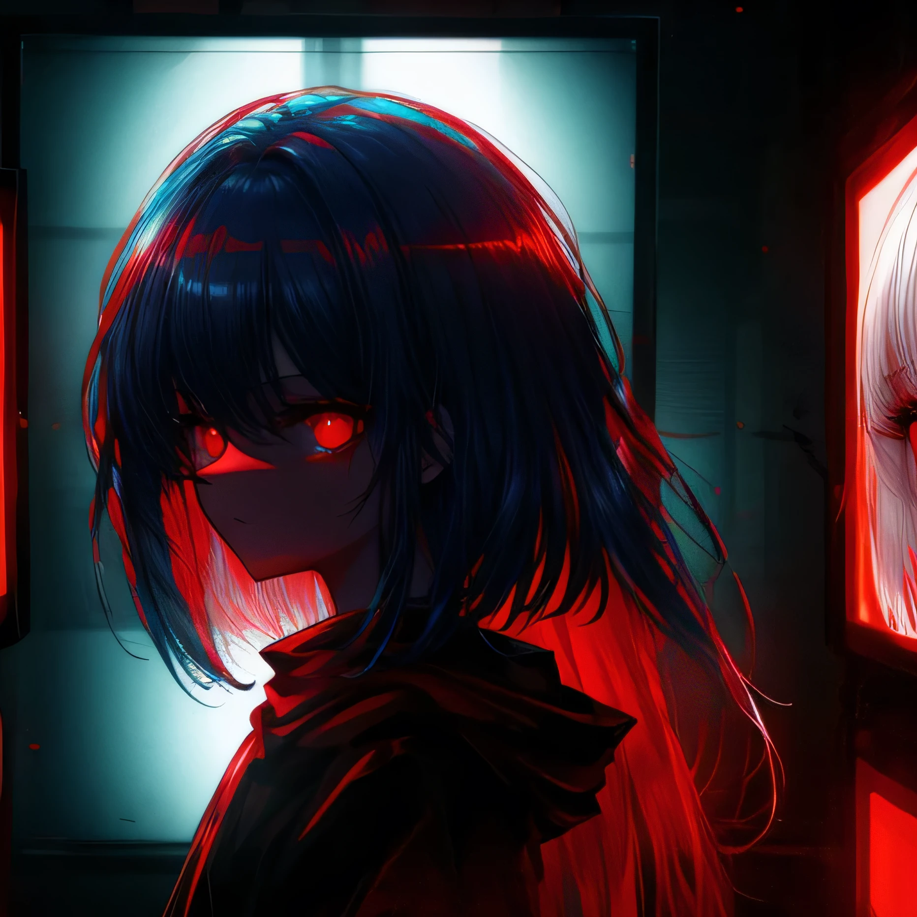 masterpiece, 1 girl, upper body, upclose, girl infront, looks at the viewer, Eyes in TV, Monitors with eyes in background, in doors, red eyes, blood, long blue hair, blue hair, many details, back facing viewer, head turned to look at viewer, emotionless, dim room, only light from tv monitors, monitors with eyes, Many screens showing different things, 1 girl in a screen, detailed eyes in the other screens, well lit, blood on hair, blood dripping from eyes, eyes with crosses in them, pale skin, seperate monitors, emotionless face, glowing eyes, long hair, white hair, eyes split in half, detailed, neon eyes, beautiful eyes, cool eyes, large monitor screen displaying beautiful eyes in background, girl in the center, silhouette of a girl in the center, red lighting, red eyes, blood, detailed, glowing, dim room, lighting from screens, massive screens displaying giant girl in the background , long hair,in a cinema room, dim lighting, bright lighting, red eyes, girl on screen panel, eyes in screen panels, long red hair, bright red hair, long hair, hair glowing, well lit, detailed, detailed lighting, well lit hair, well lit face, looking at viewer, dim room, screen monitor panels, monitors with girl in them, emotionless expression, eye in monitor screen, lots of monitor panels, sectioned panels, glowing eyes, red eyes,