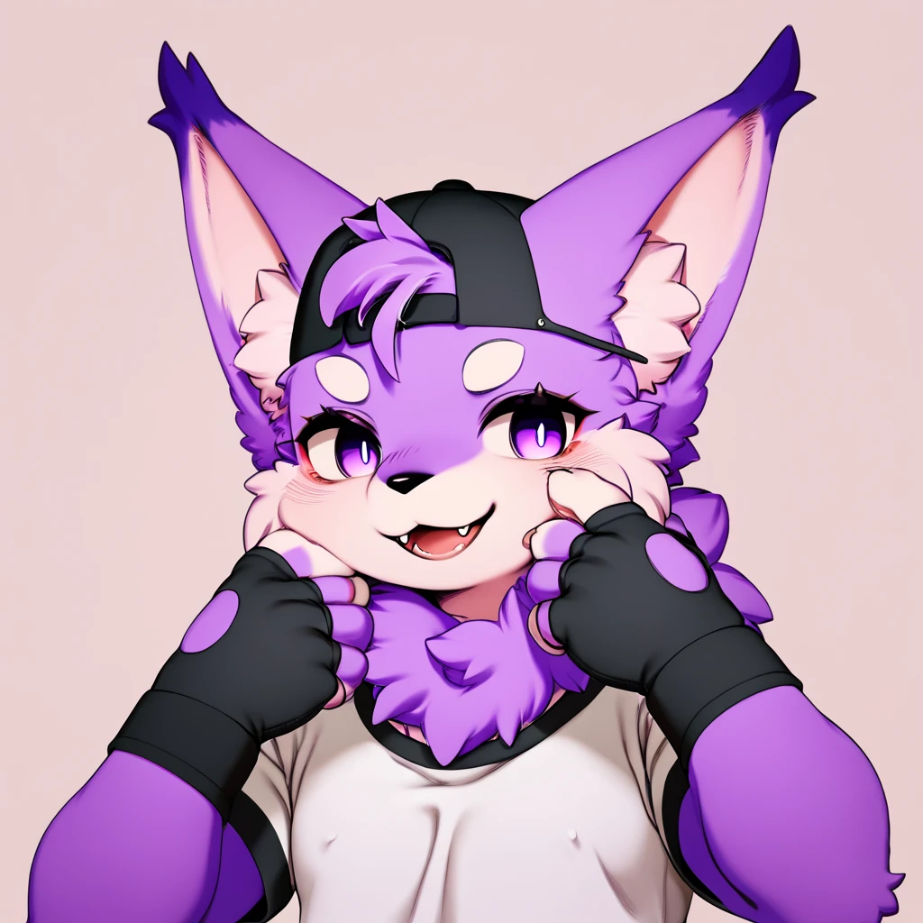 score_9,score_8_up,score_7_up,score_6_up,score_5_up,score_4_up, lynx, purple fur, purple eyes, anthro, blue hair, purple hair, eyeliner, eyelashes, black eyeshadow, furry art, tuft on cheeks, tuft on shoulders, male focus, femboy, fingerless gloves, cute fangs, kemono, shota, fluffy neck, icon portrait, showing teeth, (by nextel), 3d, blender software, crop top, backwards cap, nipples, avatar icon,