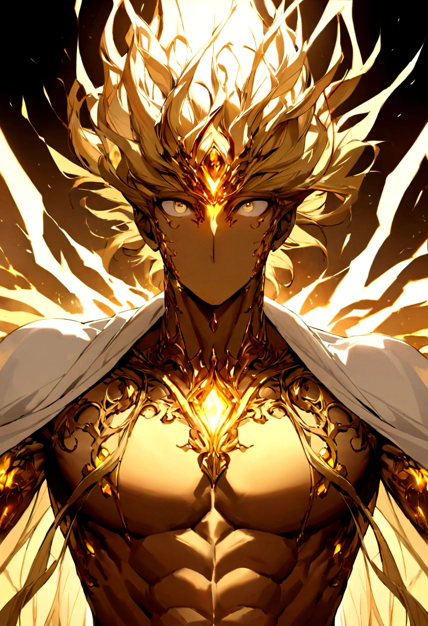 I want you to create the image of a being with golden energy white eyes full of energy, he has no lips or nose as the energy covered his entire face, He has long straight golden hair like his skin floating while an immense charge of golden energy sits on his toned body, without mouth and nose 