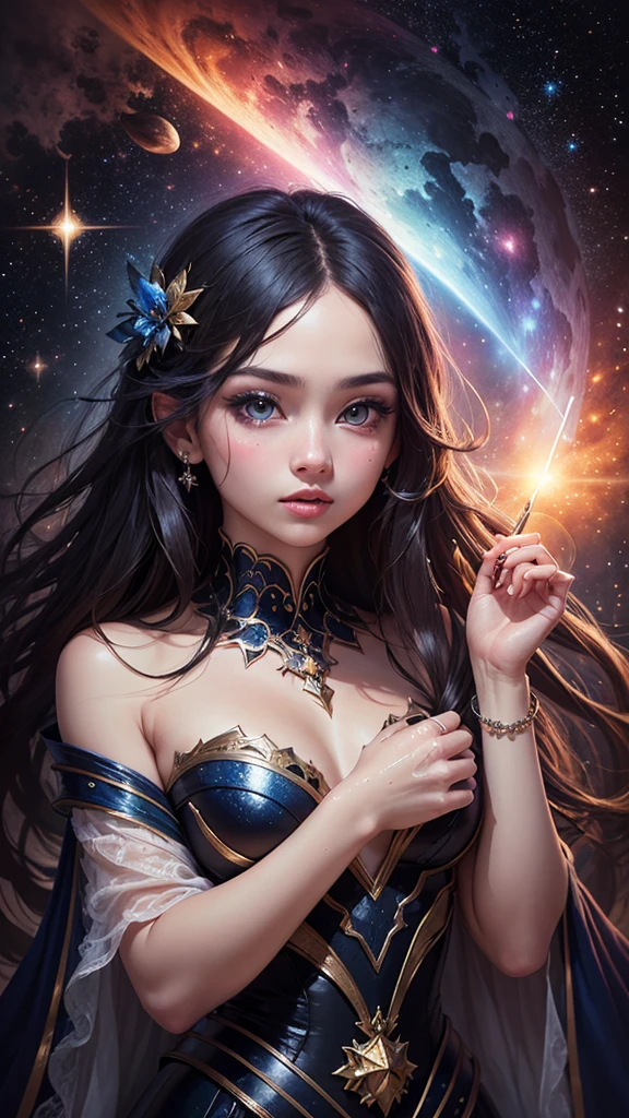 (masterpiece、Highest quality、beautiful:1.2)、(超beautifulスプラッシュアート:1.6)、1 Girl、 Sapphire blue round eyes、Cosmic Eyeshadow Color、Enchanting eyelashes、Glossy lip、Fair face、The gaze is fixed on the galaxy、Transparent, shiny skin、Costumes that seem to have been cut through space、Fair Hand、colorful、Agnes Cecil Style、Mysterious and enchanting atmosphere、Ingredients to mix、Intertwined material、Best Abstract Art、Surreal、A chaos of overlapping bright and transparent prism colors、Fine star scattering、Galactic background with thick and choppy strokes