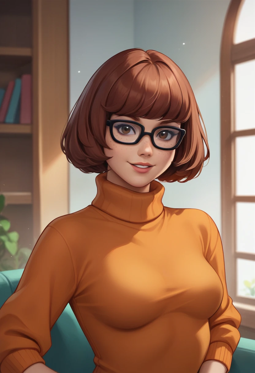 masterpiece,best quality, highly detailed, score_9, score_8_up, score_7_up, score_6_up,source anime,BREAK
velma,1girl, glasses, solo, breasts, brown hair, turtleneck, sweater, brown eyes, short hair, freckles, medium breasts, lips, smile, upper body, turtleneck sweater, orange sweater, looking at viewer, bangs, parted lips,