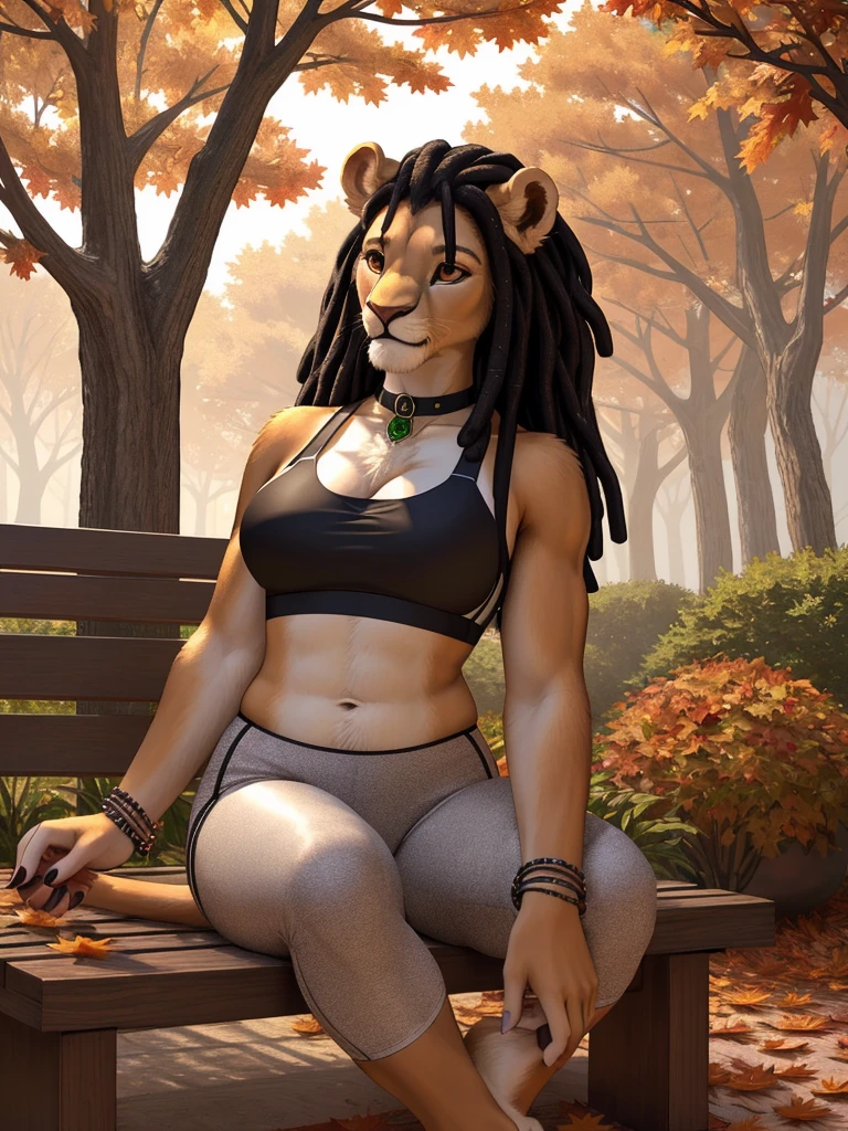 highly detailed hands, (four toes), full body, photo, (hyper realistic, 8k, top quality:1.2), (high details, extremely detailed, absurdres), masterpiece, beautiful and aesthetic, (white furry anthro lion female:1.3), muscular, curvy, (bushy_tail:1.3), (black sport bra, [black leggins], (toeless)_(kneehigh):1.4)), (black dreadlocks hair:1.2), (realistic fur:1.5), (big bright brown eyes, intricate eye detail), eyeliners, average size breasts, black_choker_with_(emerald_pendant), (earrings:0.9), bracelets, sitting on wooden [park_bench::29], smiling, (autumn leaves flying in air, wind:1.2), day, (highly detailed autumn garden:1.1), plants, (trees), autumn flowers, leaves, realistic shading, warm lighting, ultra detailed facial features, intricate details