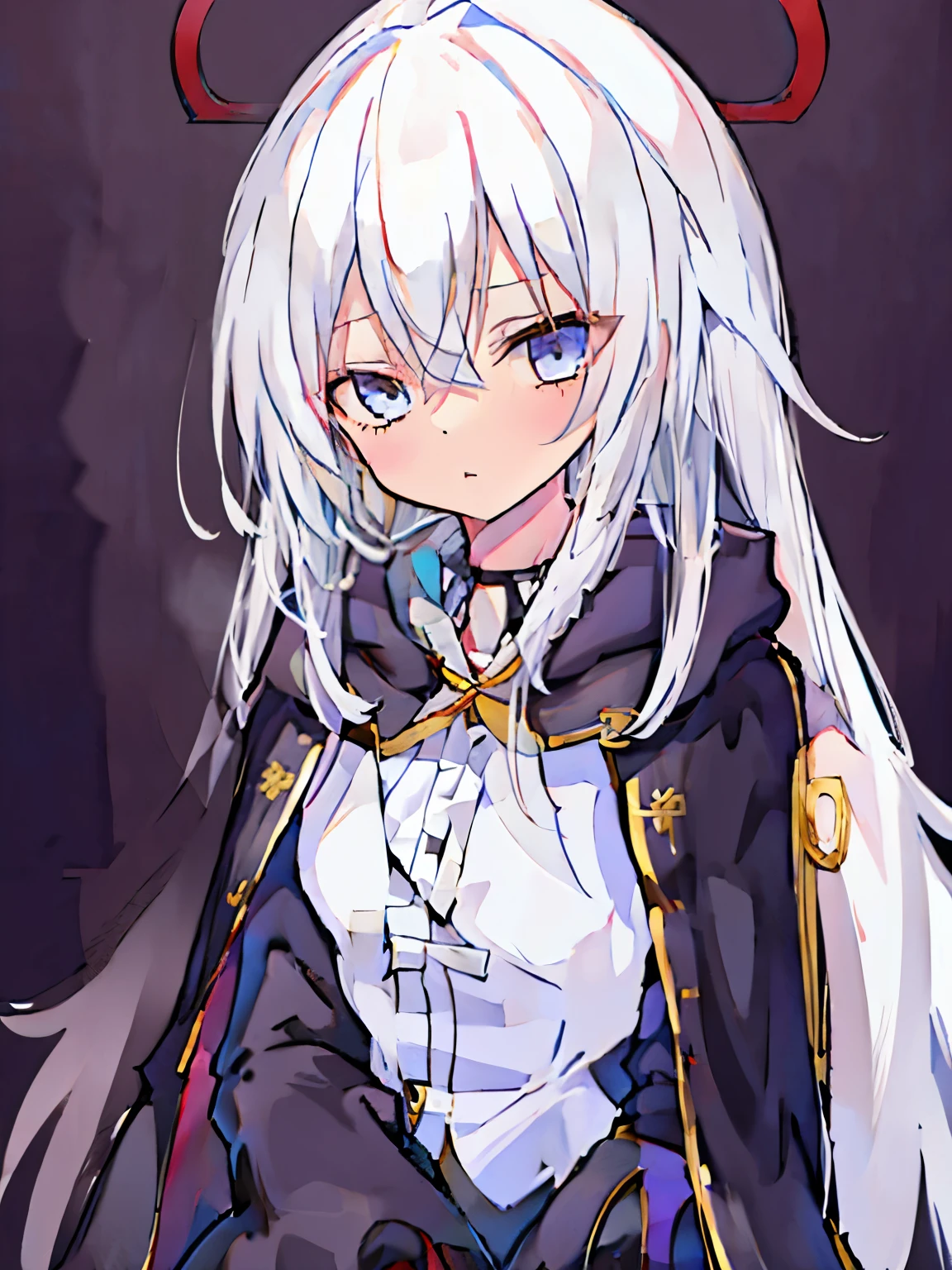 White hair，Waist-length hair，beautiful girl，No Expression，whole body，Height 145 cm，Black shawl cloak，A cloak that covers the body，Different world，HD，8K，detail，whole body，Over the knee socks，Knee socks，Black Silk，Red vest，Black shorts，Ankle boots，No background，With hands，Normal hand,Cute eyes