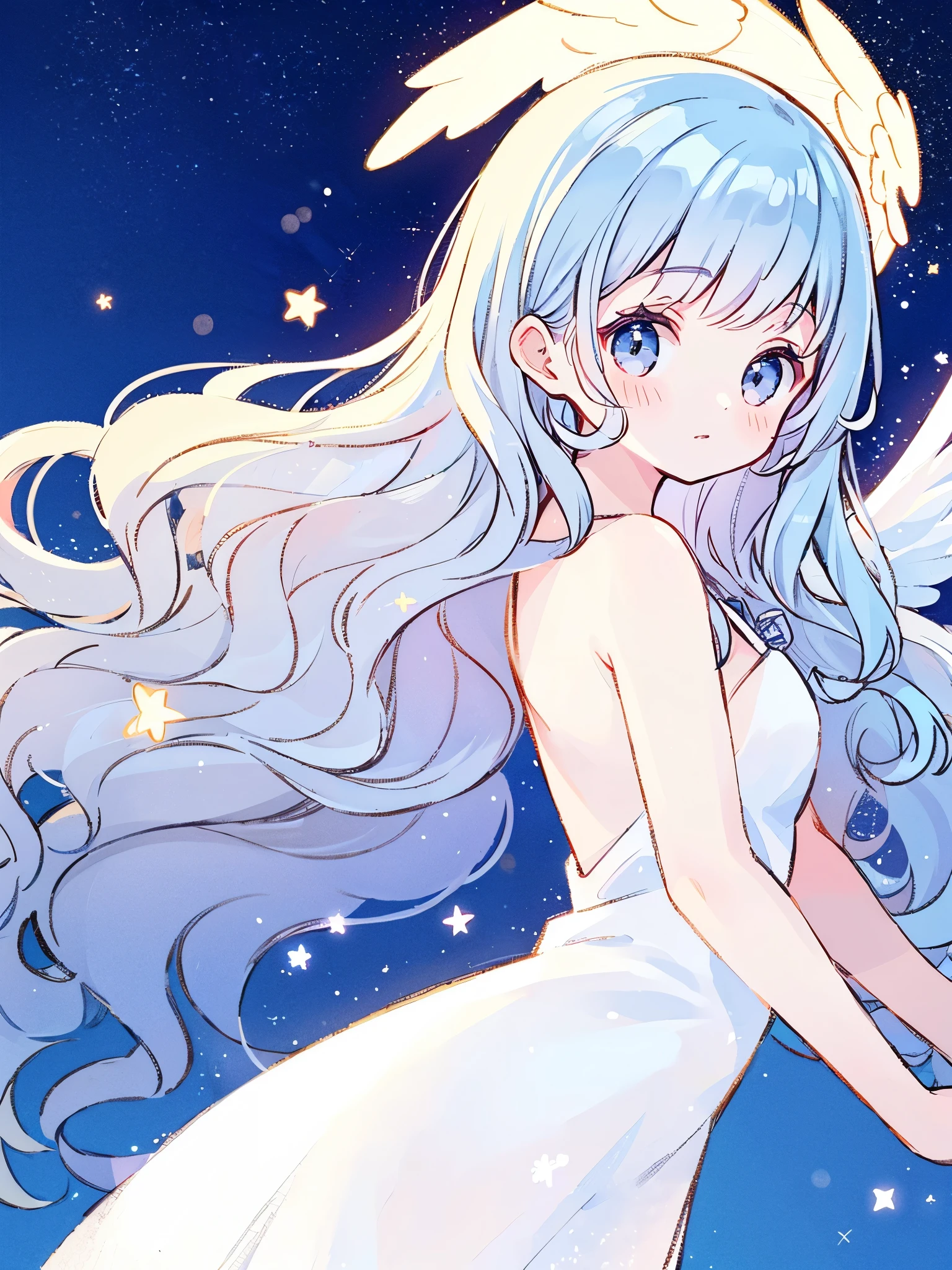 nude angel girl wearing an ethereal translucent dress, pale skin, ((wavy blue white gradient hair)), white feathers, angel wings, sparkling detailed eyes, golden ratio face, perfect composition, highly detailed, ethereal, (starry night sky background), midjourney style