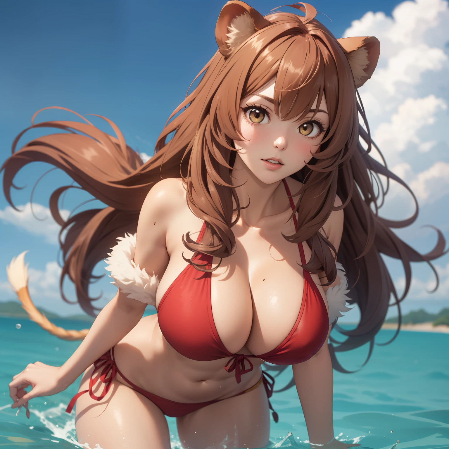 Raphtalia , woman 35 years old, voluminous brown hair, by the floating, lion ears, voluminous fur, big breasts, Lion tail, bikini marrón de cuero, cuerpo mojado, fondo un rio africano.