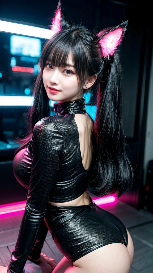 最high quality, masterpiece, 32k、Very detailed、Realistic、1 Girl, Japanese women、K-popアイドル、Rotate your hips and strike a pose、A sloppy smile、Cute face, (photo Actual:1.3),Twin tail hairstyle、Black Hair、Edge lighting, (Skin with attention to detail:1.2), 8K超High resolution, Single-lens reflex camera, high quality, High resolution, 4K, 8K, Optimal ratio of four fingers to one thumb, (Actual:1.3), cute 1 Girl, Realistic、Super Realistic、32k、Very detailed、masterpiece, 最high quality, beautiful girl, beauty、Gorgeous girl, Big Breasts、Big Ass, Tight waist, Spread your legs, Plenty of facial detail, Futuristic sexy costume, A wide variety of costume colors and variations、Black Mask、cyber punk, Yellow very long hair, City of the Future, hologram, Neon lighting, Very detailedな, High resolution, masterpiece, high quality, High resolution, Fox Ears,