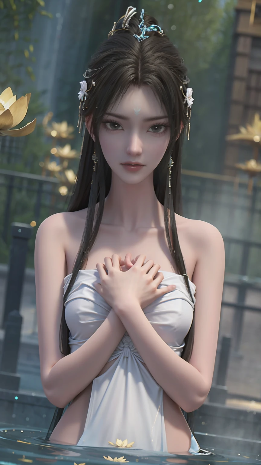 A girl bathing in water,Showering above the shoulders while bathing in water,No clothes,Hold your hands to your chest,Cover your chest with your hands,Golden glowing lotus on the water,Only the shoulders are exposed in the water
