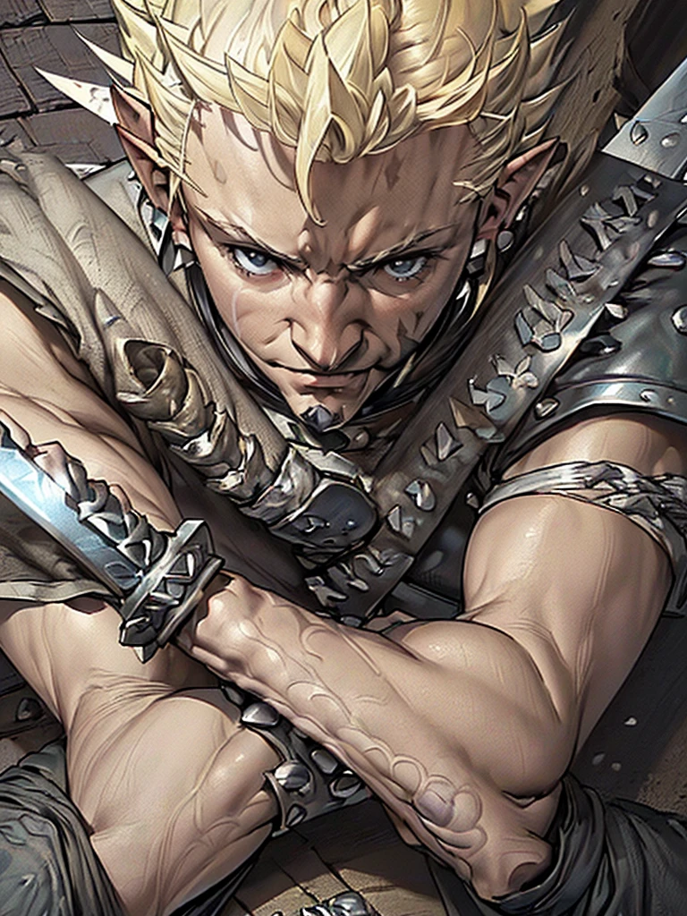 (((Masterpiece of the highest quality))), (((medieval fantasy))), (((Extreme details))), ((medieval fantasy swordsman)), ((based on cloud strife)), (medieval punk), ((fantasy great sword)), (((ultra detailed))), (((male))), ((male elf)), ((A 25 year old elf.))), (175 cm tall), ((blonde short spiky hair)), ((Brown eyes)), ((Exquisite and detailed face and eyes)), ((detailed expressive eyes)), ((Perfect eyes)), ((perfect detailed hands)), ((smiling rage expression)), ((medieval half steel half black letter armor)), ((holding a great broadsword in his hands)), ((detailed great sword)), (((4k))), ((Additional quality)), (Additional details), ((exquisite eyes)), ((dynamic battle pose)), ((battle Background)), ((cinematic lighting)), (((full body))), ((extreme care to detail)), ((movie effects)), (war zone background)