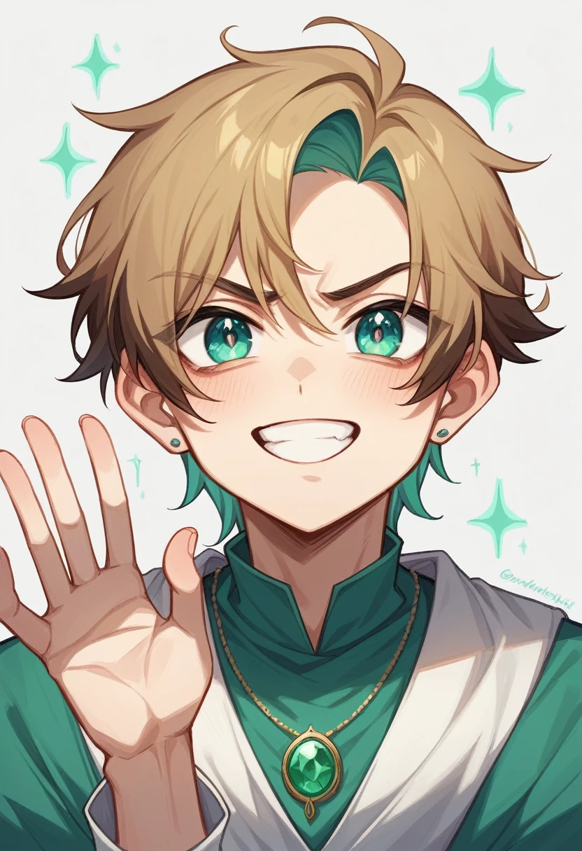 Teenage boy, Large and expressive Turquoise eyes, Predominantly brown hair with highlights ranging from blonde to reddish and blue-green depending on the light, Skin Light tone with a noticeable tan and naturally rosy cheeks, A tunic with colors ranging from navy blue to emerald green and subtle gold and bronze details on the edges, She wears a necklace with a pendant that emits a soft purple glow., Elegant but relaxed posture, with gestures that suggest deep reflection and sensitivity, with a playful and bright look, determined frown, kind and tender smile.