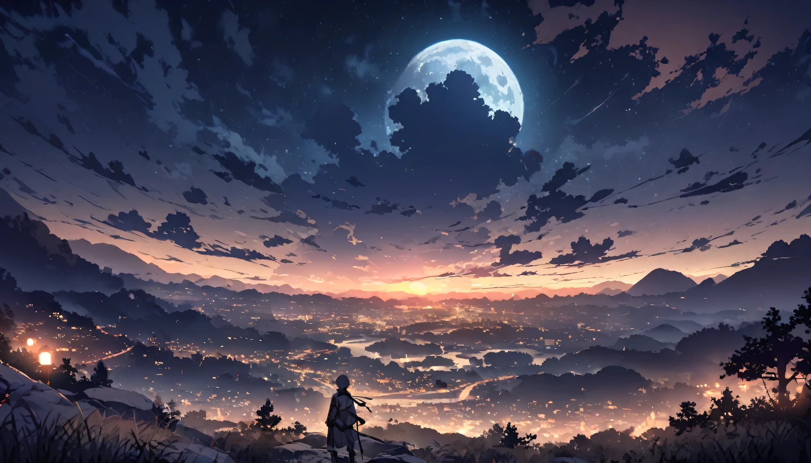 1 male, night, night景, landscape, moon