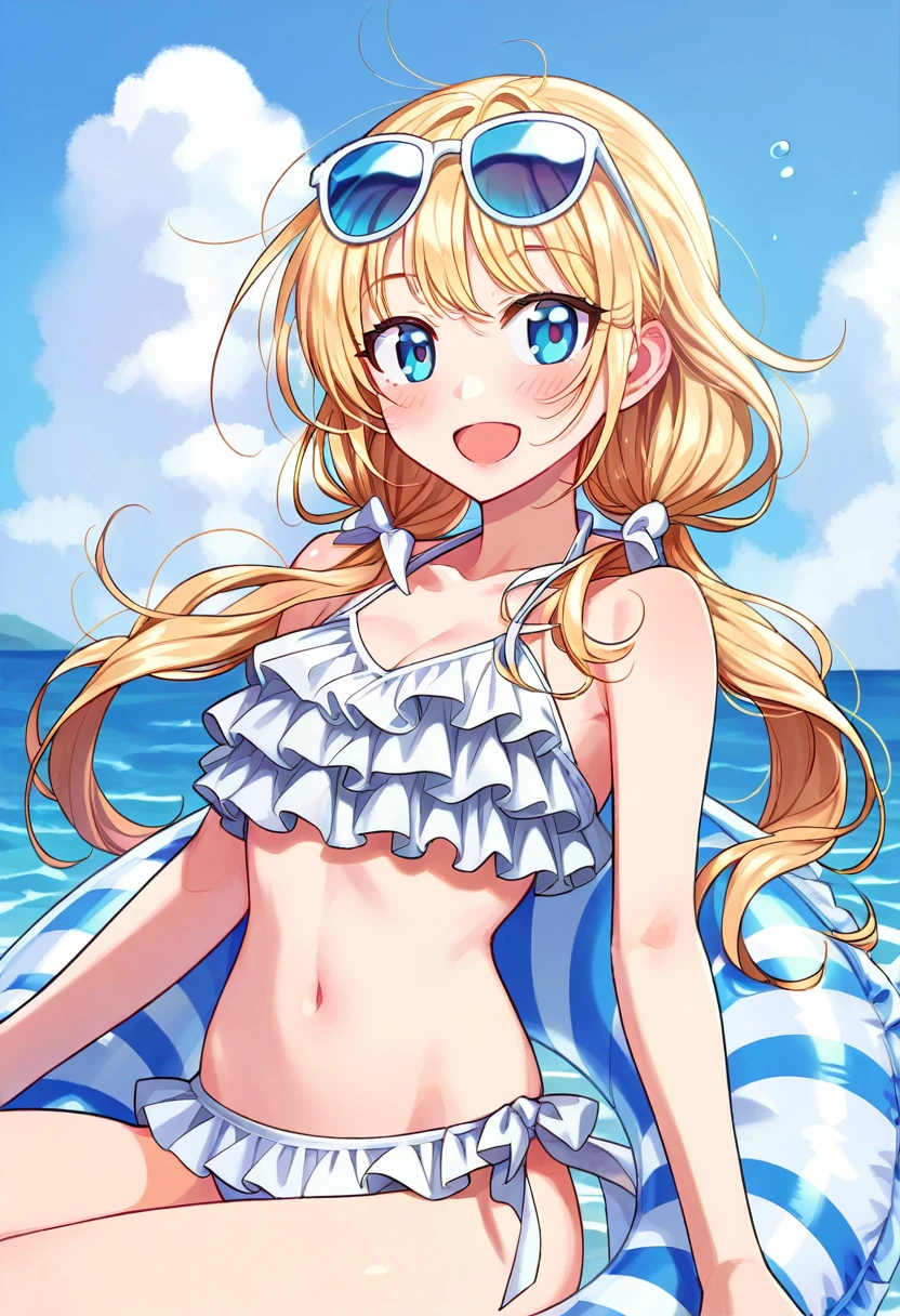 score_9, score_8_superior, score_7_superior, One girl, blush, smile, View your viewers, Swimwear, :d, arm superior, Beach, bikini, Blonde, blue eyes, blue null, chest, cloud, Day, Wear glasses on your head, frilled bikini, Frills, hands superior, Inner Tube, Long Hair, low Twin tails, medium chest, belly button, Ocean, Open your mouth, Outdoor, shirt, side-tie bikini bottom, Sitting, null, alone, Stomach, Twin tails, wariza, white bikini, White ribbon, white shirt,