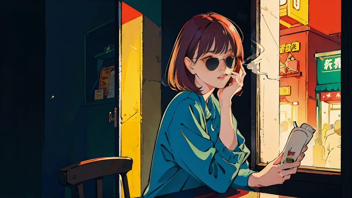 Beautiful redhead Asian girl sitting in a restaurant at night, Visible from the window, Perfect Face, sunglasses, Smoking white Taylormade cigarettes, Neon Black, (Backlight: 1.1), Hard Shadows, masterpiece, Highest quality, Complex, Model shooting style, Vintage, Film Grain, Incomplete details