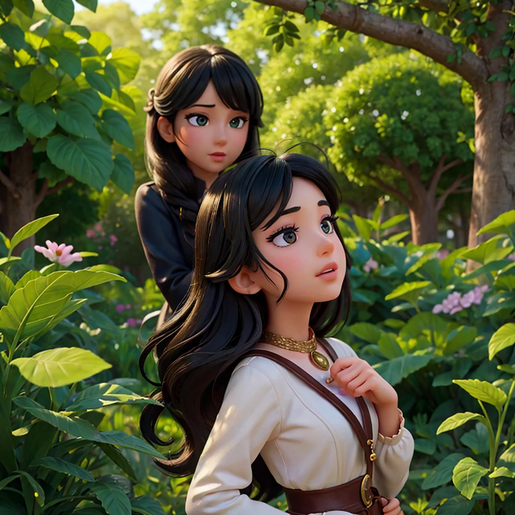 girl and boy black hair in the flower park, 1girl 1boy, beautiful detailed eyes, beautiful detailed lips, extremely detailed face and features, long eyelashes, elegant hairstyles, charming expressions, lovely colorful outfits, playful poses, lush green garden, blooming flowers, sunlight filtering through trees, serene atmosphere, vibrant colors, photorealistic, 8k, best quality, highly detailed, intricate, cinematic lighting, dramatic shadows, vivid colors, magical realism