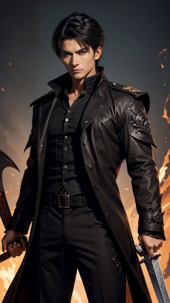 A man, 28 years old, 186cm, jacked body, wearing demon general coat, holding a Soul Reaper sword on right hand, black short hair, brown eyes, detailed face, detailed clothes, standing firm, fierce expression, fantasy setting.