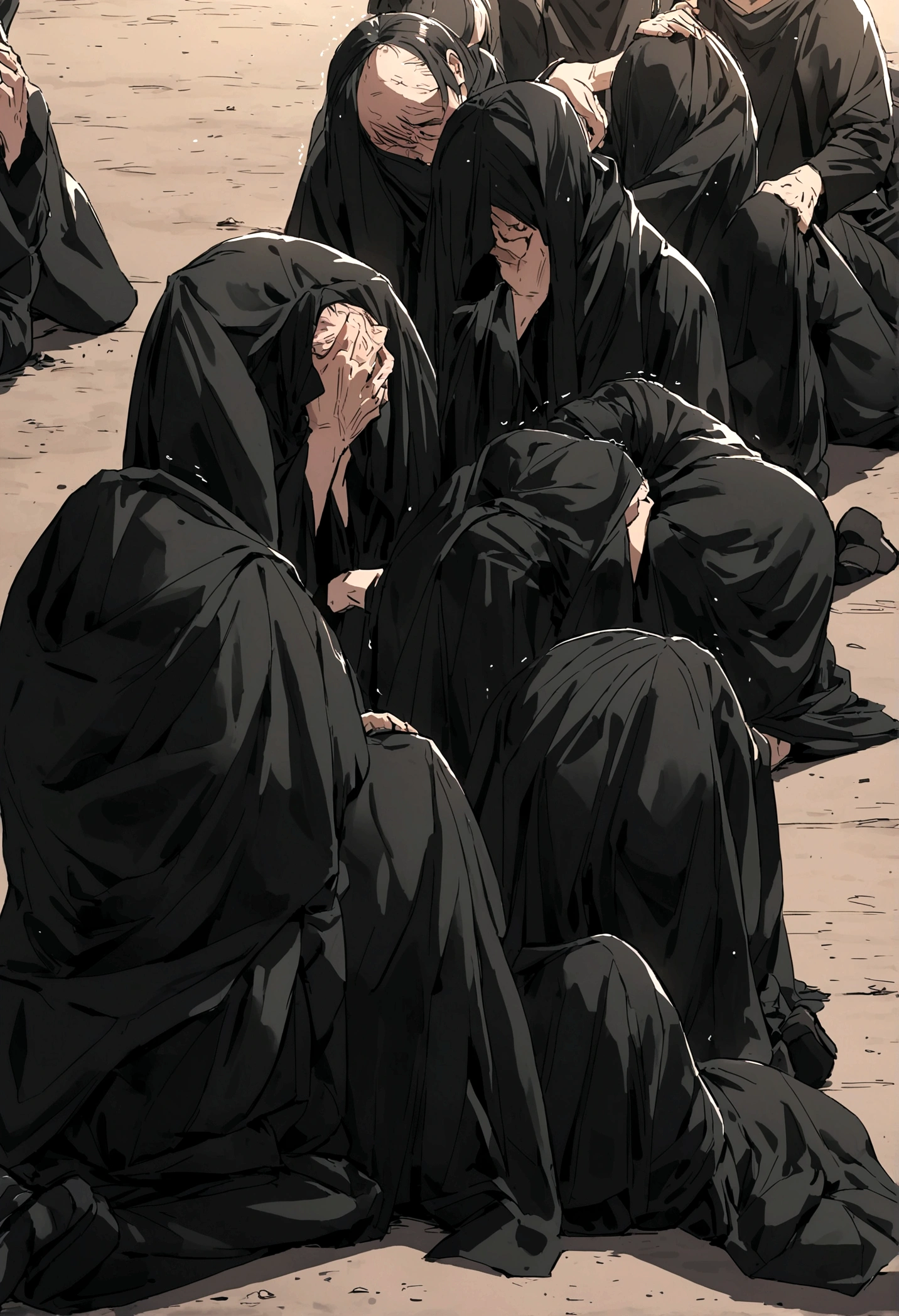 A group of about 10 people dressed in black with their faces covered , He sat down on the ground, holding his head and trembling in pain ( Manga style )