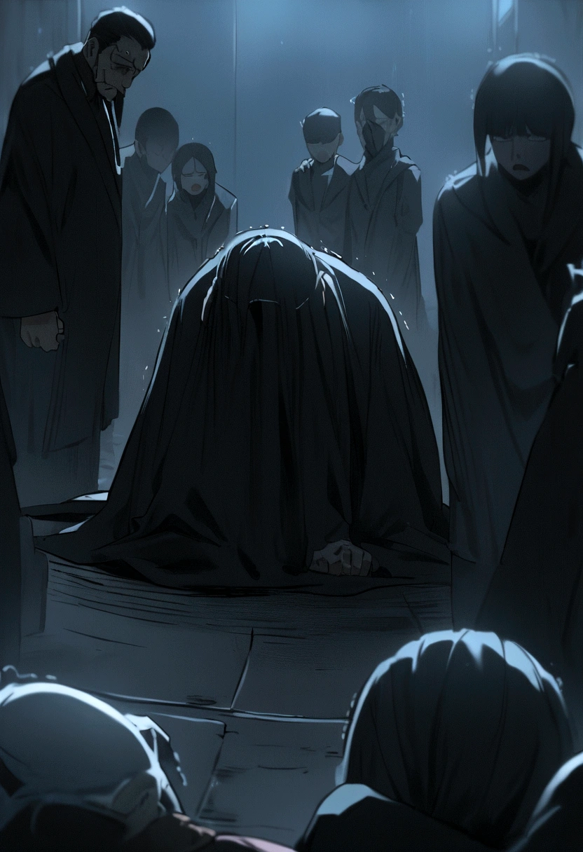 A group of about 10 people dressed in black with their faces covered , He sat down on the ground, holding his head and trembling in pain ( Manga style )