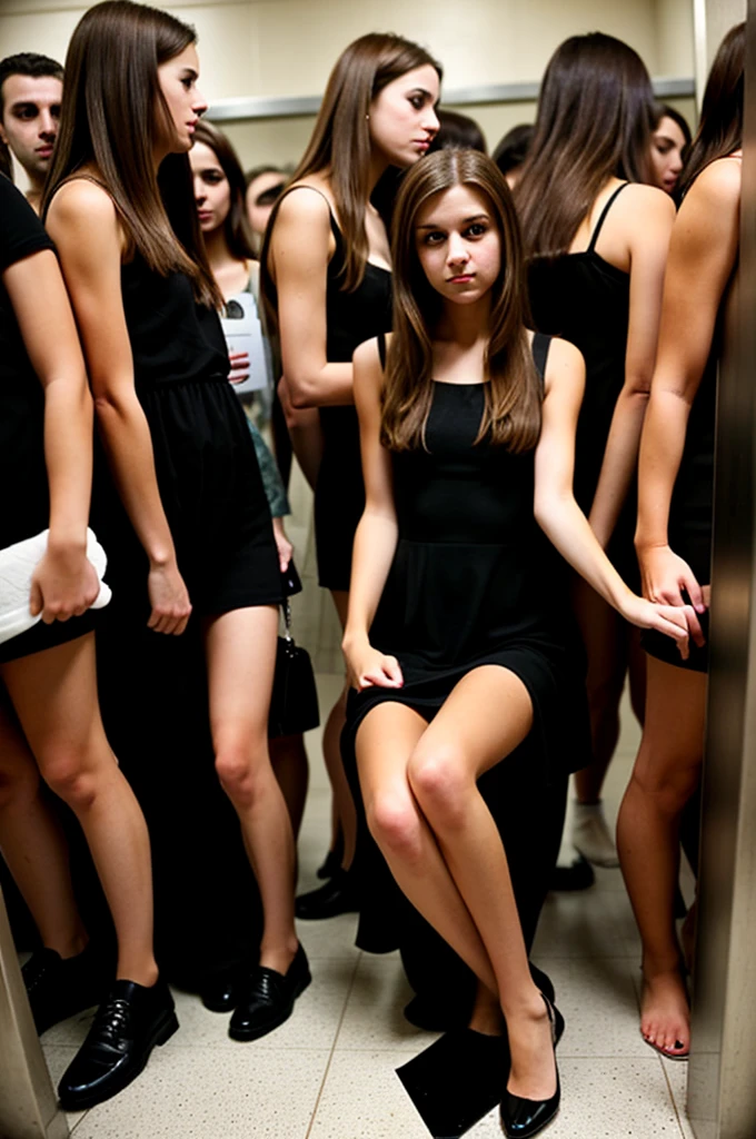 An attractive girl, with beautiful brown hair, in a black dress, is standing in line waiting for the bathroom, and is crossing her legs, all the way, as she has to pee. She is the only one waiting in line, meaning it is only her in the photo. 
