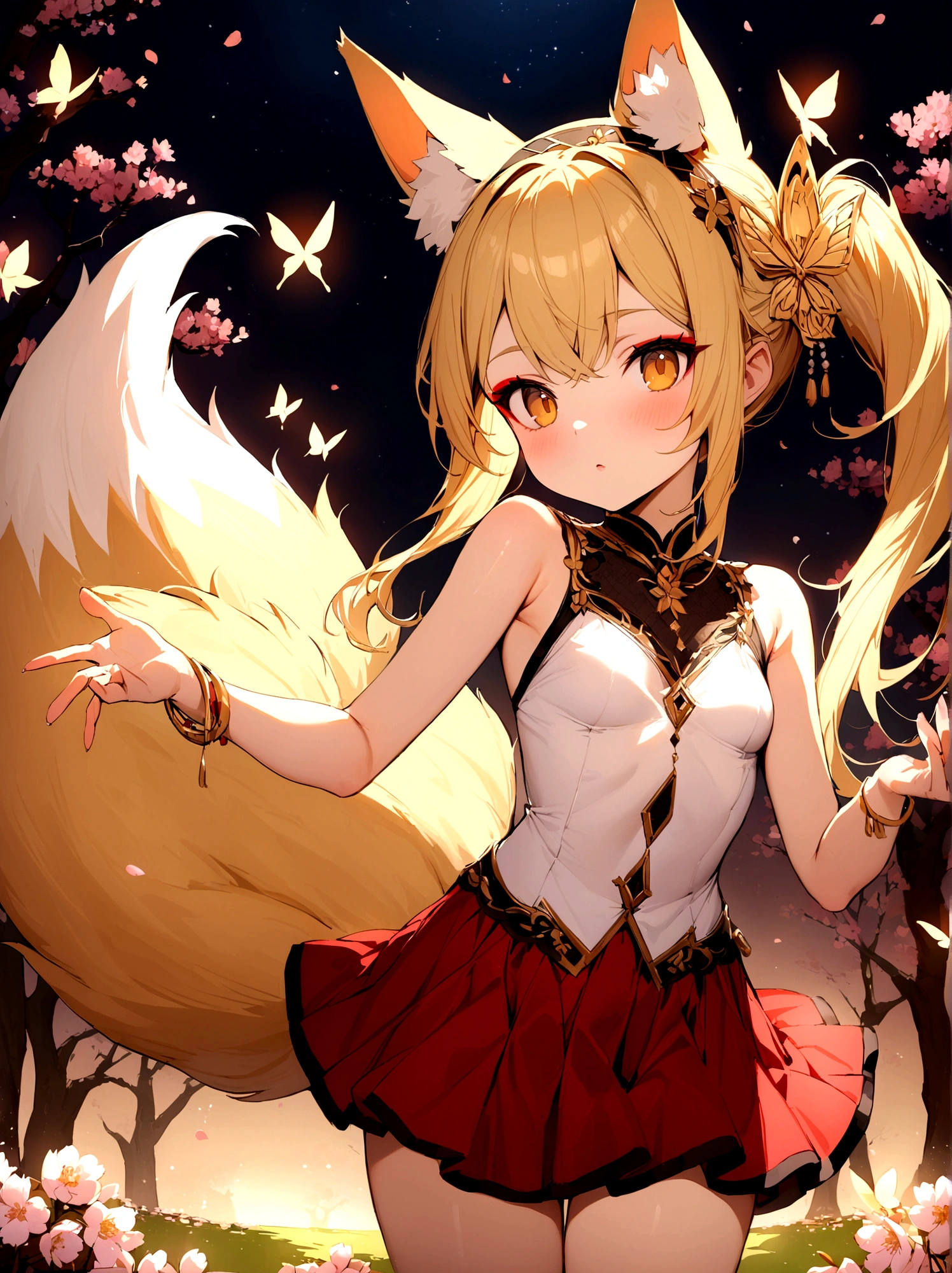 (masterpiece, best quality) junior,detailed, (beautiful,small breasts), blonde,long hair, side ponytail(gold butterfly hairband), elegant, (fox ears),nine tailed fox tail, red eyeshadow, golden eyes, femur,漏出femur, white shirt,free,red skirt,cherry blossom tree background,girl,NIGHT