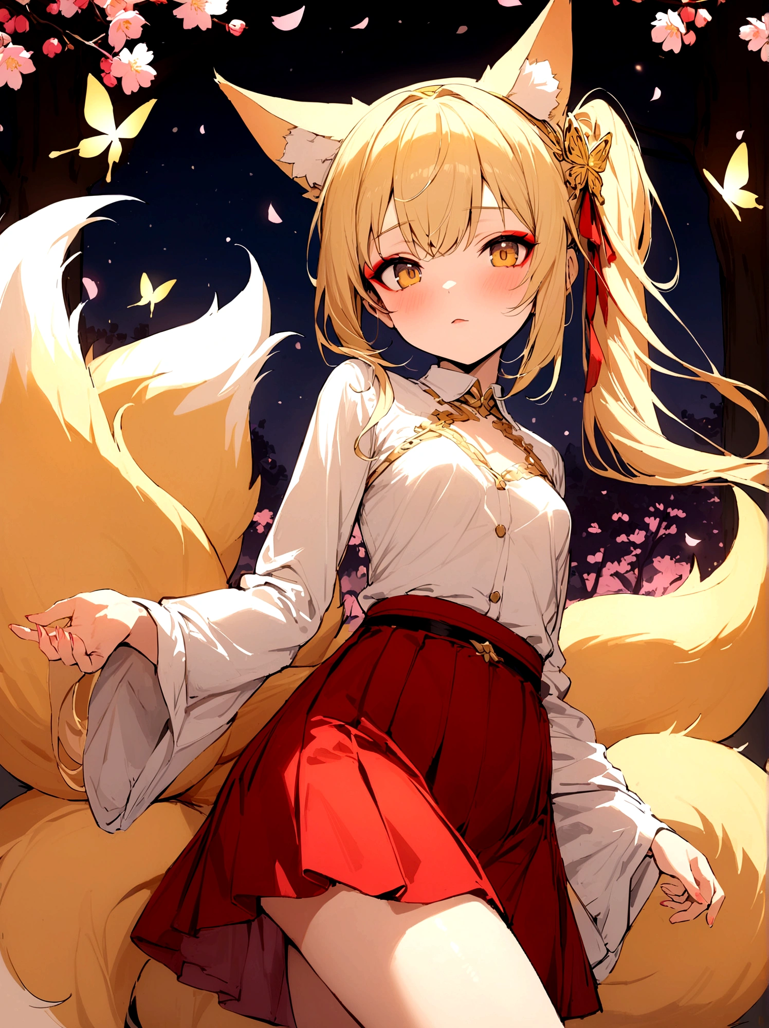 (masterpiece, best quality) junior,detailed, (beautiful,small breasts), blonde,long hair, side ponytail(gold butterfly hairband), elegant, (fox ears),nine tailed fox tail, red eyeshadow, golden eyes, femur，漏出femur, white shirt,free,red skirt,cherry blossom tree background,girl,NIGHT