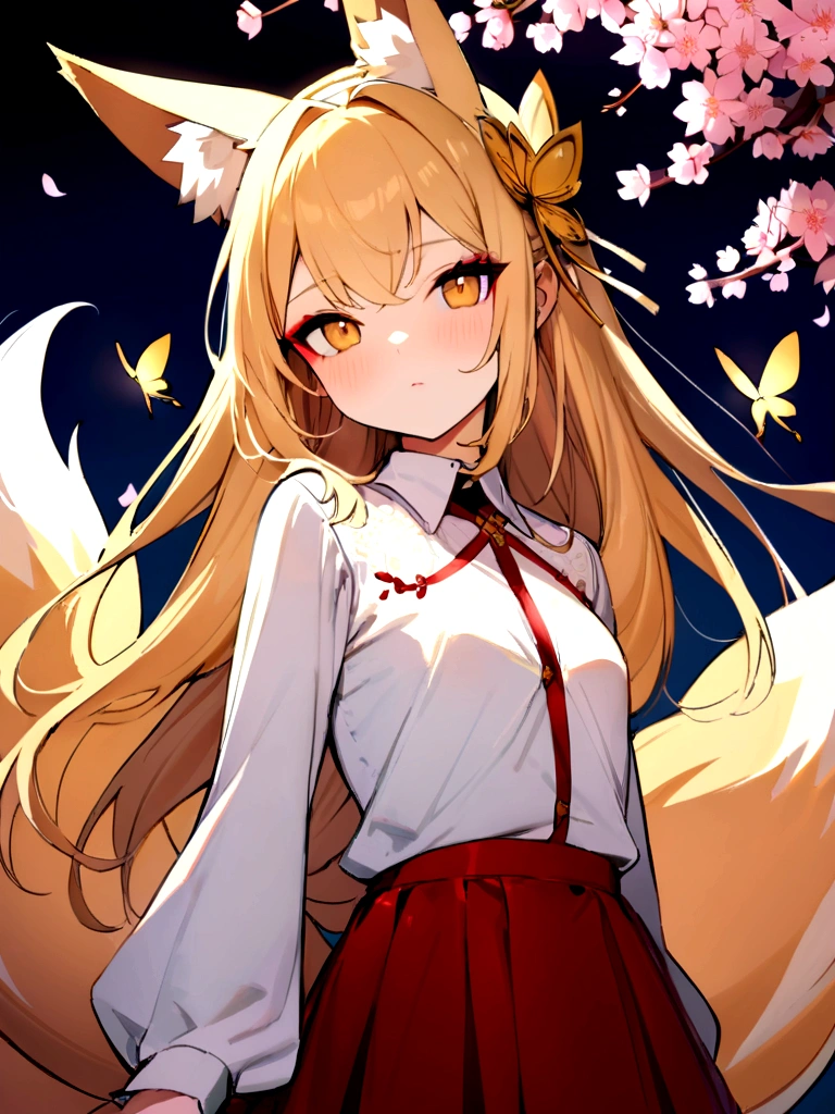 (masterpiece, best quality) junior,detailed, (beautiful,small breasts), blonde,long hair, side ponytail(gold butterfly hairband), elegant, (fox ears),nine tailed fox tail, red eyeshadow, golden eyes, femur，漏出femur, white shirt,free,red skirt,cherry blossom tree background,girl,NIGHT