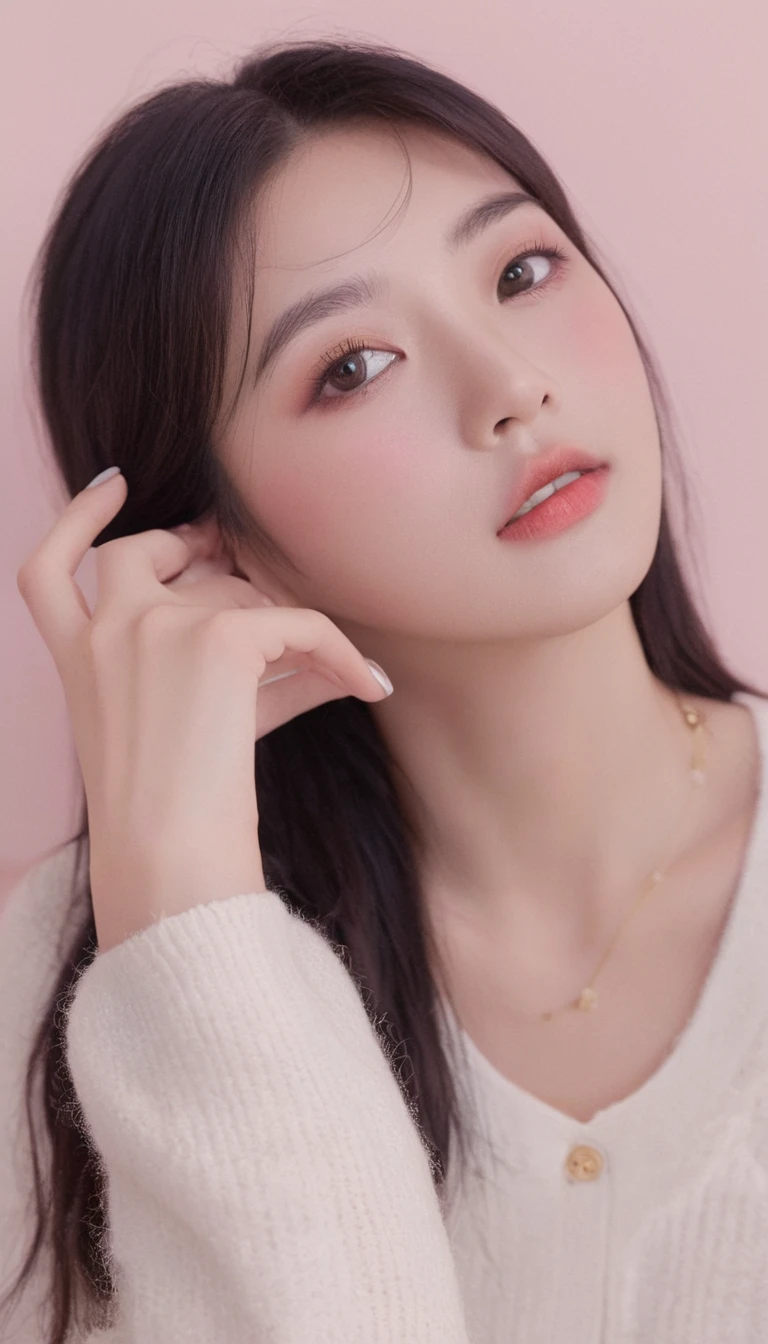 front photo, elegant woman, (Photorealsitic)、(intricate detailes:1.2)、(​masterpiece、:1.3)、beauty face, (top-quality:1.4)、(超A high resolution:1.2)、超A high resolution、(A detailed eye)、(detailed facial features), ((Realistic lighting、top-quality、8K、natural light, ​masterpiece:1.3))、bright photo, Clear focus:1.2、1girl in、flawless beauty:1.4、Superfine Face、wear kitty band and sweater, gorgeous young korean woman, beautiful young korean woman, beautiful south korean woman, korean girl, ulzzang, lovely delicate face, young adorable korean face, popular korean makeup, beautiful asian girl, girl cute-fine-face, korean woman, sakimichan, popular south korean makeup, big Narrow-eyed、double eyelid、photos realistic, perfect eyes, perfect skin, detailed skin, detailed face, looking viewer, front view, potrait, raw photo, simple soft pink background, (intricate detailed skin textured:1.4) front view, looking viewer, clear face,  1 girl、porate、Bright and very beautiful face、beautiful girl, A stunning close-up portrait showcasing the beauty of a Korean model. The composition features soft, natural lighting , bright eyes, and striking cheekbones. Her glossy,  The background is simply white background,  wear black sweetshirt, neat hair, long hair, instagram model, profil picture, bright and natural