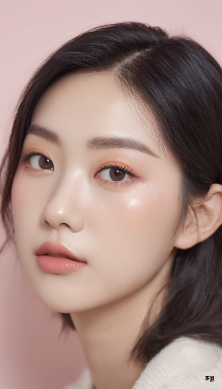 front photo, elegant woman, (Photorealsitic)、(intricate detailes:1.2)、(masterpiece、:1.3)、beauty face, (top-quality:1.4)、(超A high resolution:1.2)、超A high resolution、(A detailed eye)、(detailed facial features), ((Realistic lighting、top-quality、8K、natural light, masterpiece:1.3))、bright photo, Clear focus:1.2、1girl in、flawless beauty:1.4、Superfine Face、wear kitty band and sweater, gorgeous young korean woman, beautiful young korean woman, beautiful south korean woman, korean girl, ulzzang, lovely delicate face, young adorable korean face, popular korean makeup, beautiful asian girl, girl cute-fine-face, korean woman, sakimichan, popular south korean makeup, big Narrow-eyed、double eyelid、photos realistic, perfect eyes, perfect skin, detailed skin, detailed face, looking viewer, front view, potrait, raw photo, simple soft pink background, (intricate detailed skin textured:1.4) front view, looking viewer, clear face, 1 girl、porate、Bright and very beautiful face、beautiful girl, A stunning close-up portrait showcasing the beauty of a Korean model. The composition features soft, natural lighting , bright eyes, and striking cheekbones. Her glossy, The background is simply white background, wear black sweetshirt, neat hair, long hair, instagram model, profil picture, bright and natural