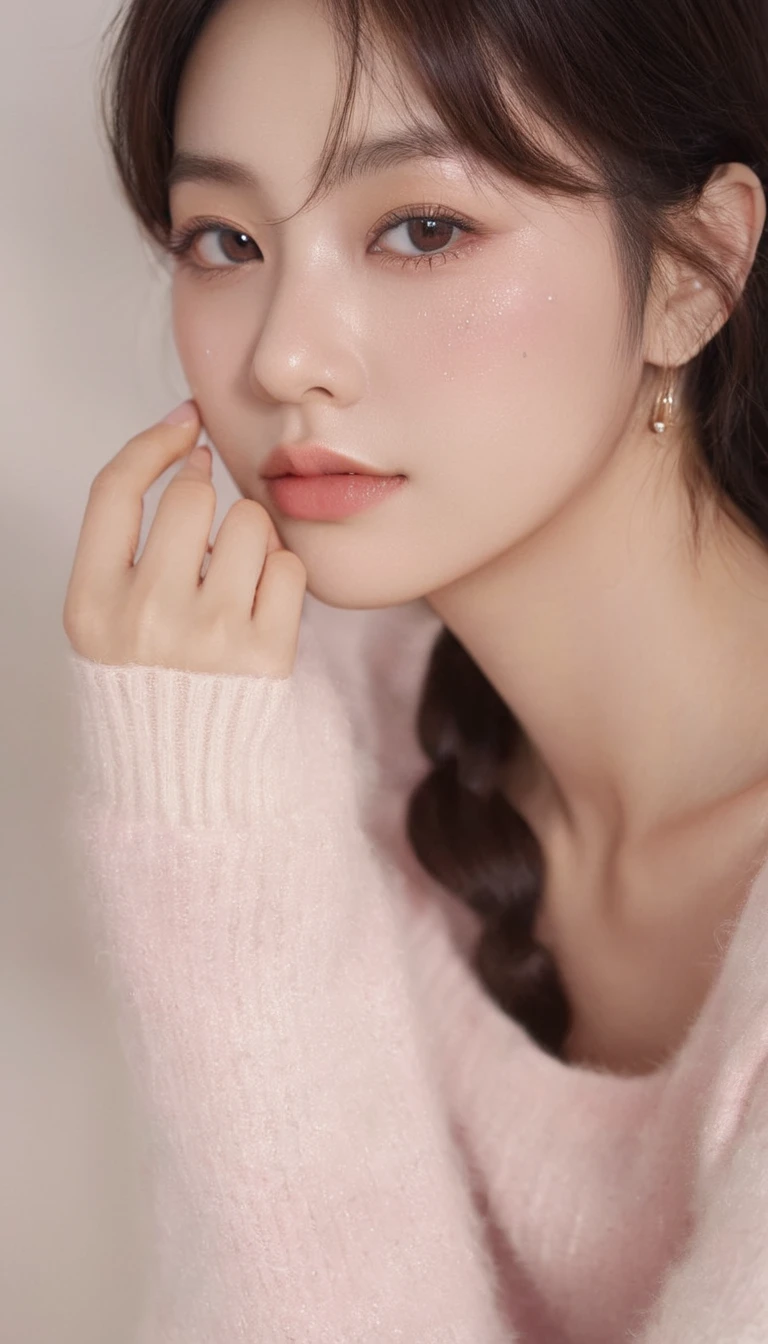 front photo, elegant woman, (Photorealsitic)、(intricate detailes:1.2)、(masterpiece、:1.3)、beauty face, (top-quality:1.4)、(超A high resolution:1.2)、超A high resolution、(A detailed eye)、(detailed facial features), ((Realistic lighting、top-quality、8K、natural light, masterpiece:1.3))、bright photo, Clear focus:1.2、1girl in、flawless beauty:1.4、Superfine Face、wear kitty band and sweater, gorgeous young korean woman, beautiful young korean woman, beautiful south korean woman, korean girl, ulzzang, lovely delicate face, young adorable korean face, popular korean makeup, beautiful asian girl, girl cute-fine-face, korean woman, sakimichan, popular south korean makeup, big Narrow-eyed、double eyelid、photos realistic, perfect eyes, perfect skin, detailed skin, detailed face, looking viewer, front view, potrait, raw photo, simple soft pink background, (intricate detailed skin textured:1.4) front view, looking viewer, clear face, 1 girl、porate、Bright and very beautiful face、beautiful girl, A stunning close-up portrait showcasing the beauty of a Korean model. The composition features soft, natural lighting , bright eyes, and striking cheekbones. Her glossy, The background is simply white background, wear black sweetshirt, neat hair, long hair, instagram model, profil picture, bright and natural