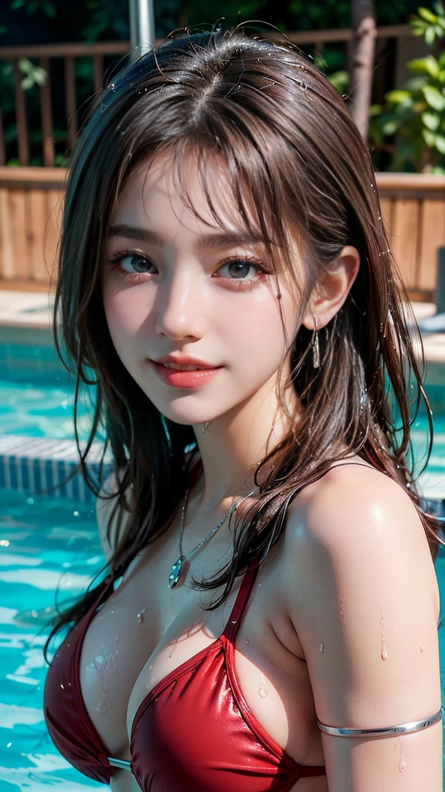 (Masterpiece, BestQuality:1.3), (ultra detailed:1.2), (hyperrealistic:1.3), (RAW photo:1.2),High detail RAW color photo, professional photograph, (Photorealistic:1.4), (realistic:1.4), ,professional lighting, (japanese), beautiful face, (realistic face), cute woman, (Brown Hair, Big Tits:1.2), (cheerful Smile:1.5), Trending Hair&Trending Hairカラーをランダムに, earrings, necklace, bracelet, sexly, erotic sexly, Random sexy gravure poses, (A beautiful woman in a red bikini、Stroking her wet hair by the pool。Shiny silver ear cuffs。:1.3)