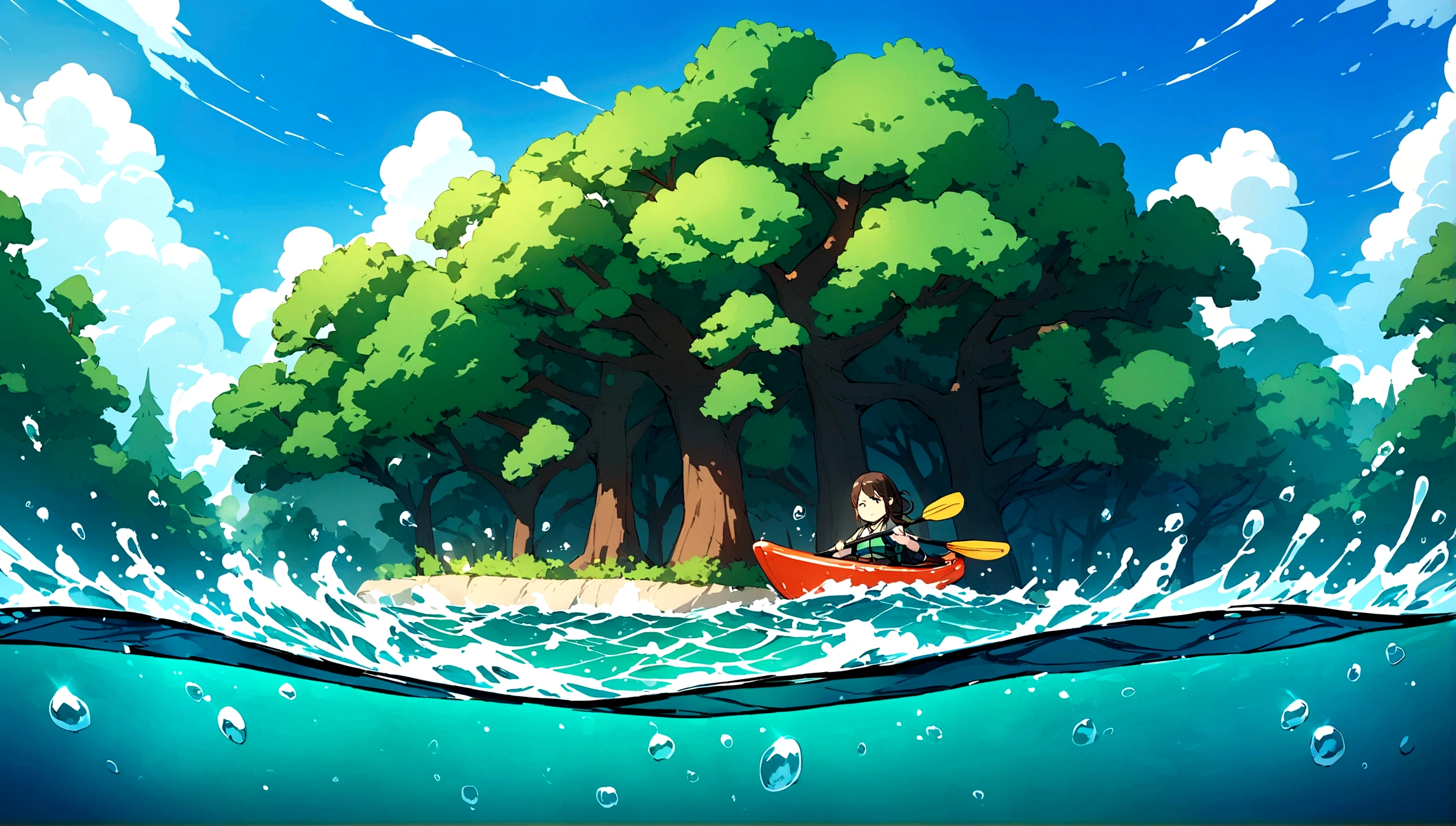 A woman wearing a life jacket kayaking, Gentle waves caressed her boat as it drifted up and down, There are small stones on both sides of the river.,Be enveloped by the majestic beauty of emerald green peaks and the serene charm of deep blue waters.Water splash,There are trees on both sides,The sky has beautiful clouds,Cartoon 4k