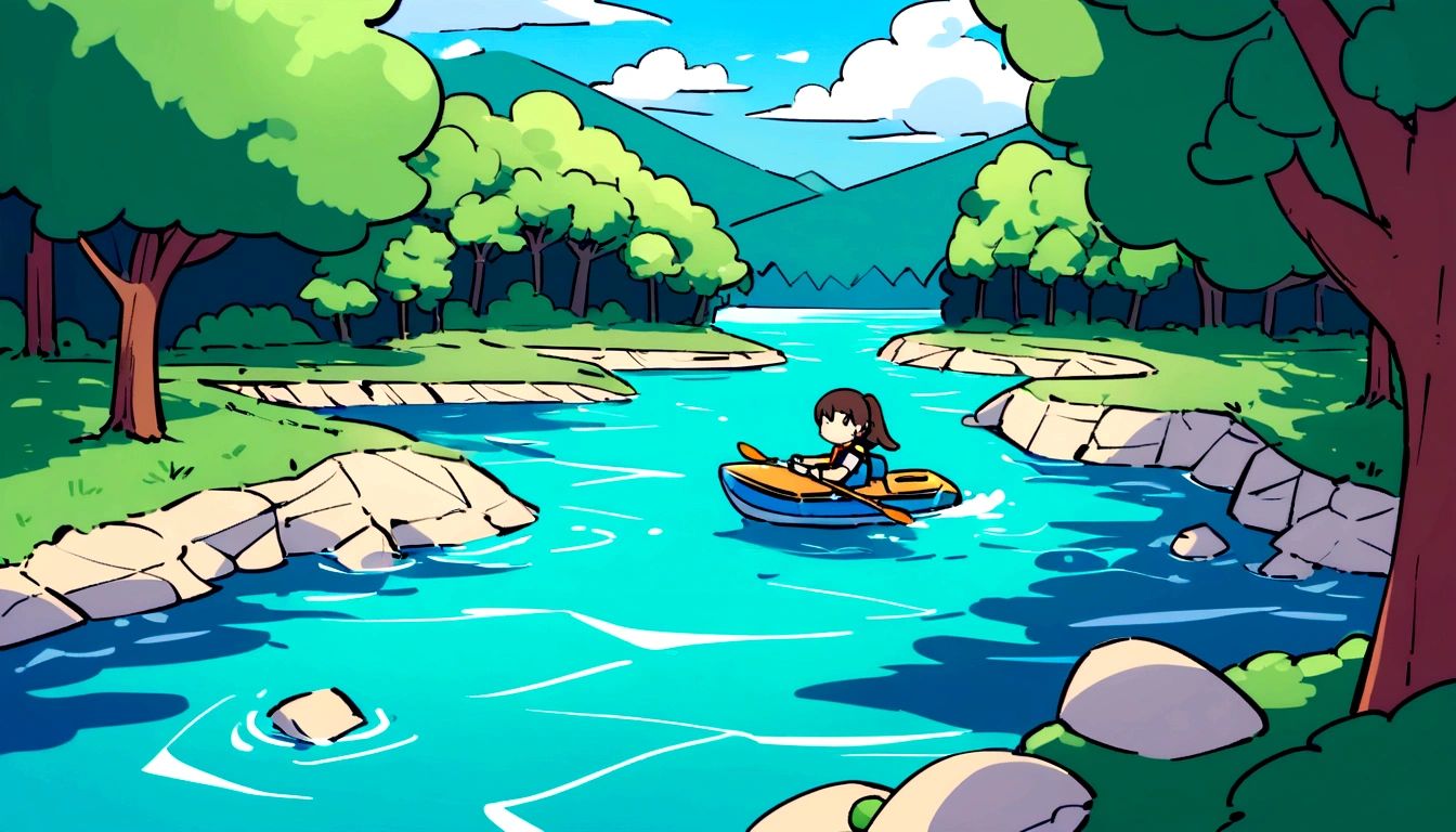 A woman wearing a life jacket kayaking, Gentle waves caressed her boat as it drifted up and down, There are small stones on both sides of the river.,Be enveloped by the majestic beauty of emerald green peaks and the serene charm of deep blue waters.Water splash,There are trees on both sides,The sky has beautiful clouds,Cartoon 4k