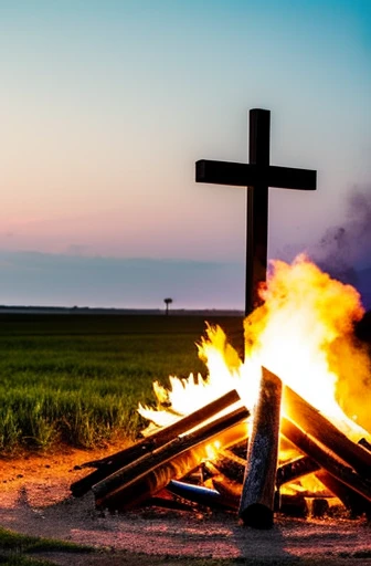 A cross in the middle of a bonfire where roots and roses grew on it