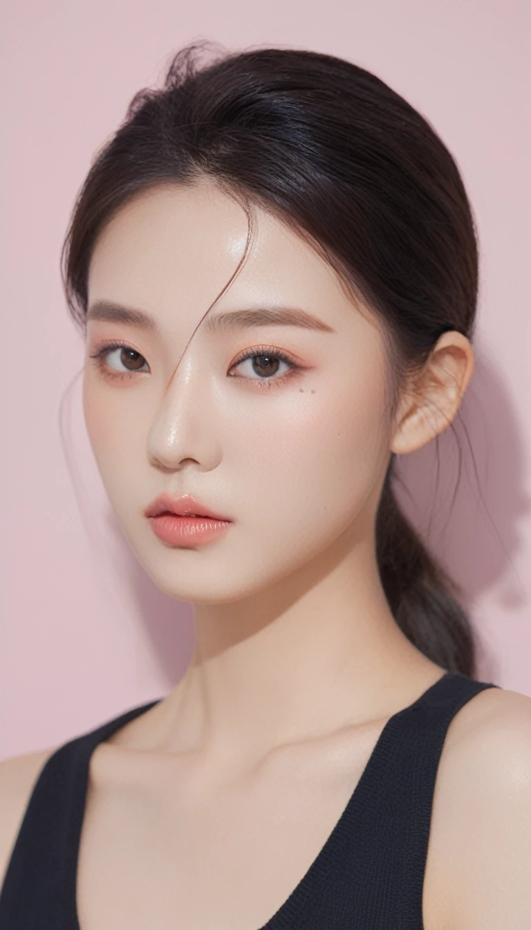 front photo, elegant woman, (Photorealsitic)、(intricate detailes:1.2)、(masterpiece、:1.3)、beauty face, (top-quality:1.4)、(超A high resolution:1.2)、超A high resolution、(A detailed eye)、(detailed facial features), ((Realistic lighting、top-quality、8K、natural light, masterpiece:1.3))、bright photo, Clear focus:1.2、1girl in、flawless beauty:1.4、Superfine Face、wear kitty band and sweater, gorgeous young korean woman, beautiful young korean woman, beautiful south korean woman, korean girl, ulzzang, lovely delicate face, young adorable korean face, popular korean makeup, beautiful asian girl, girl cute-fine-face, korean woman, sakimichan, popular south korean makeup, big Narrow-eyed、double eyelid、photos realistic, perfect eyes, perfect skin, detailed skin, detailed face, looking viewer, front view, potrait, raw photo, simple soft pink background, (intricate detailed skin textured:1.4) front view, looking viewer, clear face, 1 girl、porate、Bright and very beautiful face、beautiful girl, A stunning close-up portrait showcasing the beauty of a Korean model. The composition features soft, natural lighting , bright eyes, and striking cheekbones. Her glossy, The background is simply black background, wear black sweetshirt, neat hair, long hair, instagram model, profil picture, bright and natural