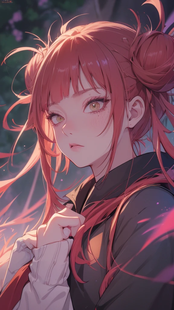 work of art, best qualityer, ultra epic details, (long scarlet red hair), purple iris eyes, Chinese hair, (emanating purple rays), black leagwear, forest in the background, rosto angelical ((Face ultra detailed)), (perfects eyes), frowning eyes, tied up hair, flushed skin, serious expression