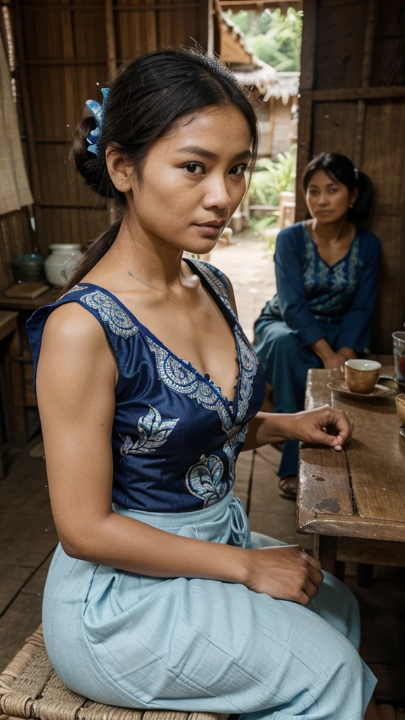 An Indonesian woman, 60 years old, still has an aura of beauty, wearing a shabby colored, dark blue kebaya. Javanese jarik cloth with batik motif, hair not neatly tied in a bun. Sitting in a shack house, chatting with a girl in a white dress, hair in a red ribbon ponytail, the girl was playing with her cellphone in front of the 60-year-old woman. camera from the front slightly to the side, [[focus on female face 60]] realistic, cinematic