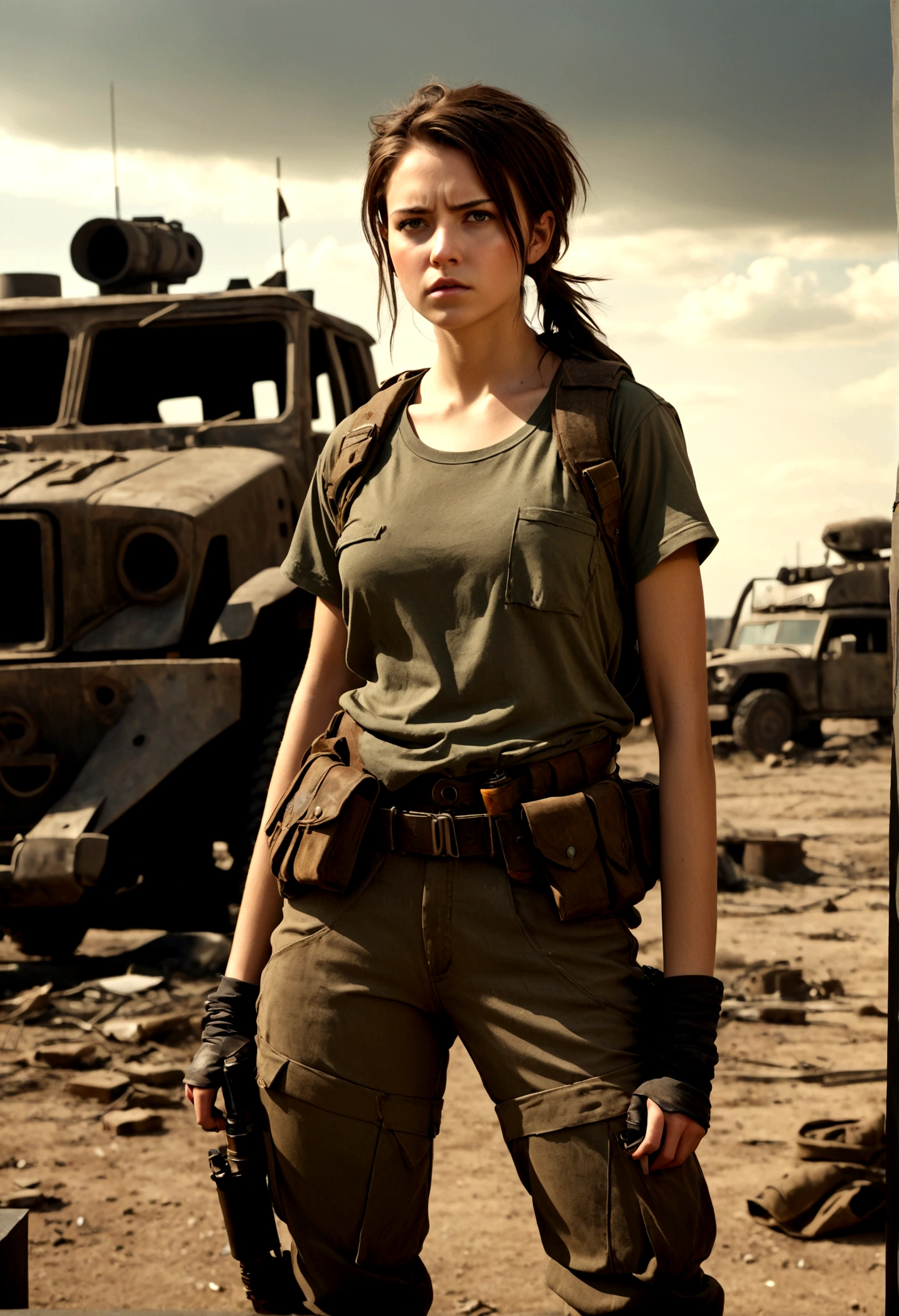 Masterpiece, a stunning 18-year-old woman in a post-apocalyptic wildernesedium shot photo:1.5), military pants, military kaki teeshirt, Badass, post-apocalyptic style, RAW, Dramatic lighting, Natural light, (medium shot photo:1.3), 8K, ultra high res.photorealistic:1.4, UHD, Phase one XF IQ4, 150 MP, post apocalyptic wilderness landscape in the background, (medium shot photo:1.2)