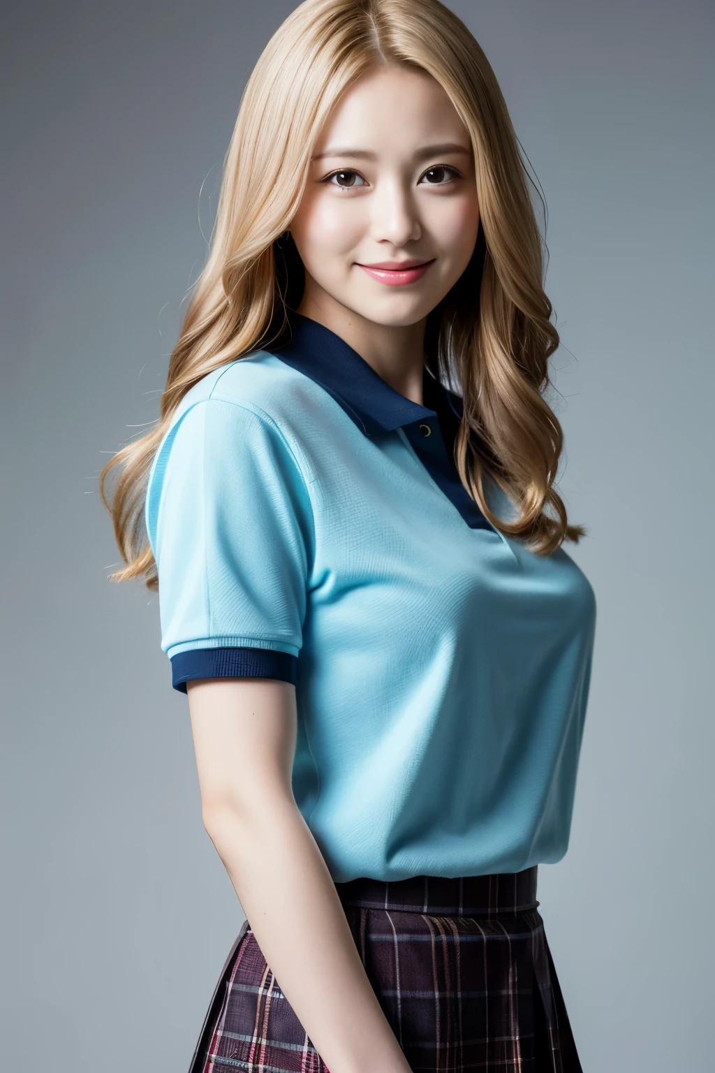 (8K, RAW photo, highest quality, masterpiece:1.3), (realistic, photo-realistic:1.4), (Highly detailed 8K wallpaper), sharp focus, Depth of written boundary,
japanese idol,very cute,(baby face), (extremely detailed 8k wallpaper),photorealistic,detailed skin,raw photo,1 girl,(japanese high school uniform), japanese idol,blonde hair,((polo shirts)),(drooping eyes),tareme,plaid skirts,smile,arms behind back,slender,large breast,button gap