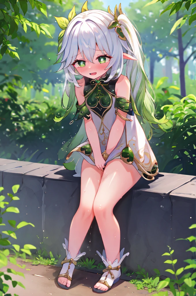 (High quality:1.2), (masterpiece:1.2), (very detailed:1.2), girl, flat brest, short silver hair, green eyes, (chibi:0.6), (standing split legs:1.4), in a forest, (sitting front:1.4), (barefoot:1.4), (detailed feet:1.3), (five fingers on each limb:1.6), (fingers without nails:1.2), (pussy without panties:1.3), (detailed hands:1.2), (show breasts:1.3), BREAK